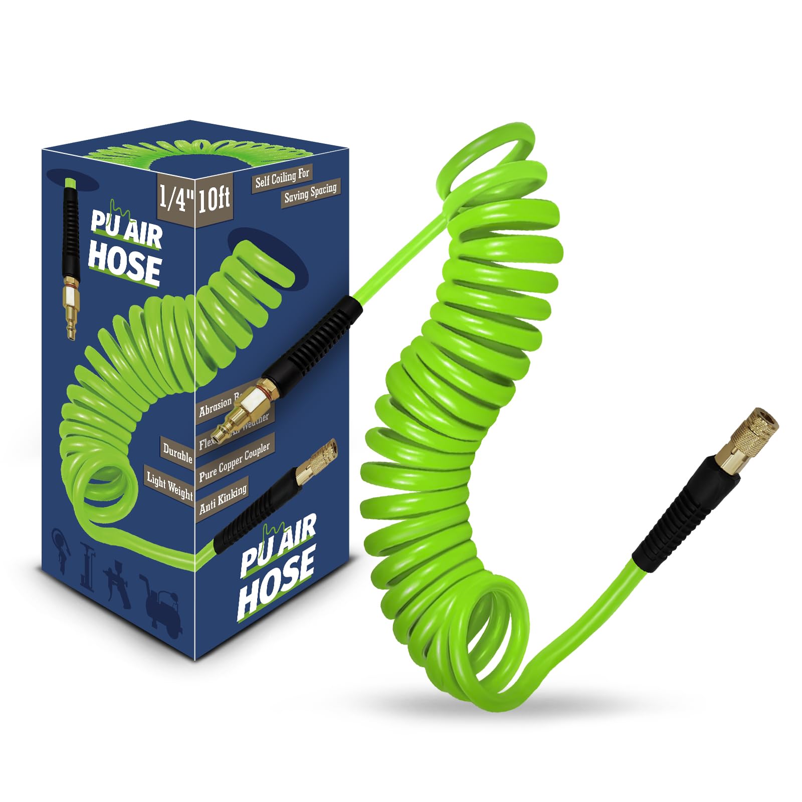1/4 in x 10 ft Coiled PU Air Hose with Bend Restrictor - Heavy Duty Air Compressor Hose with 1/4