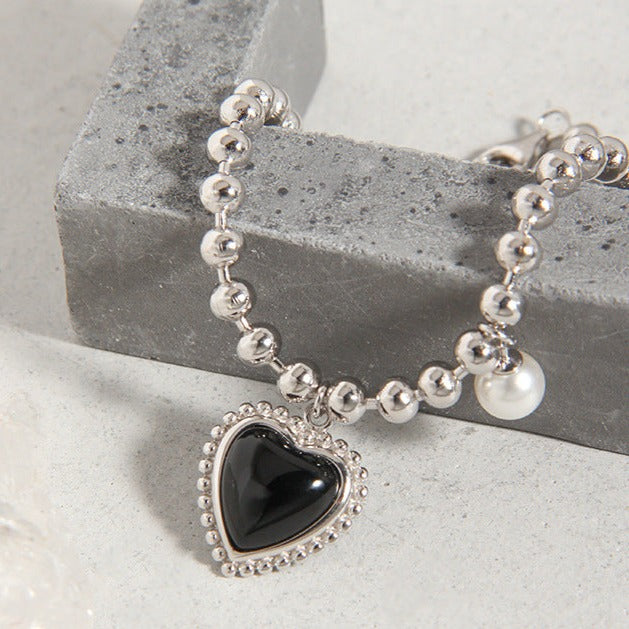 Silver Bead Black Puffed Heart Bracelets for Women - Trendy Adjustable Charm Bangle for Valentine's Day, Anniversary, Party & Everyday Wear | HB585