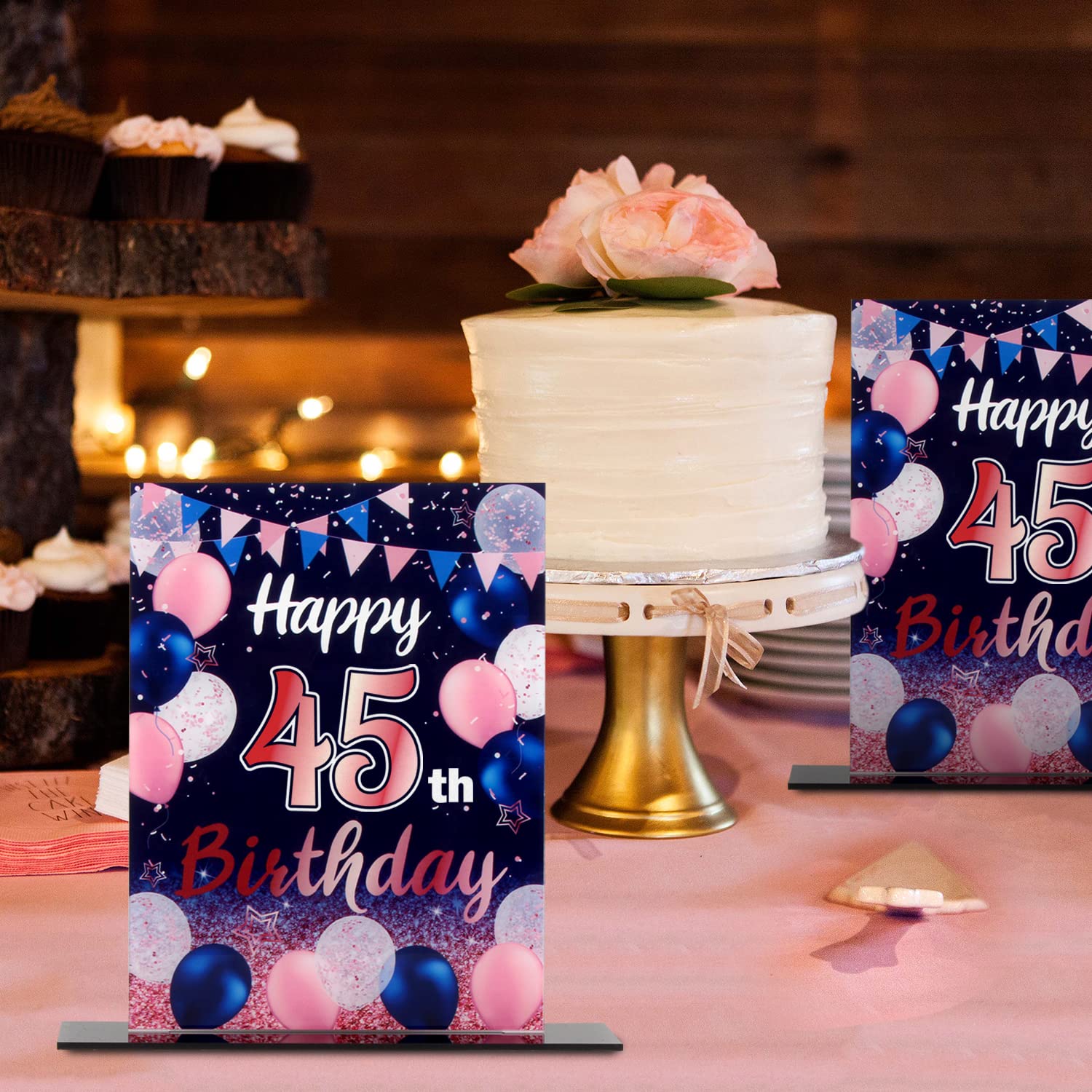 Happy 45th Birthday Party Decorations Set - 2 Navy Blue Acrylic Table Toppers with Balloon Stand & Printed Poster Backdrop for Birthday Centerpieces - Perfect for Anniversary Celebrations, Office Parties & Home Decor
