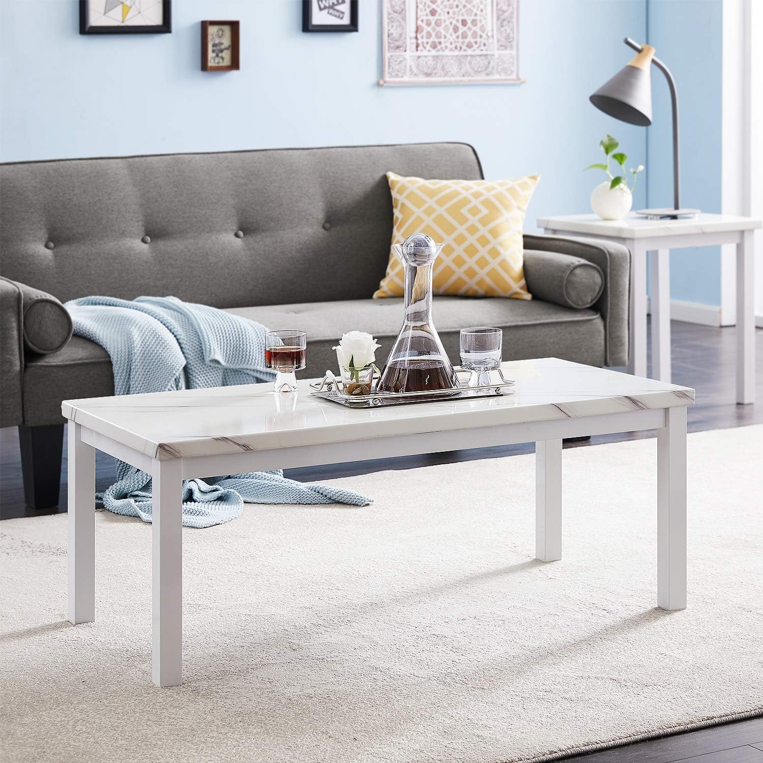 Recaceik 3-Piece Coffee Table Set with Faux Marble Top & Metal Frame - Modern Living Room Furniture in White (42.12x20.07x16.34 inches) - Perfect for Small Spaces, Apartments & Cozy Home Decor
