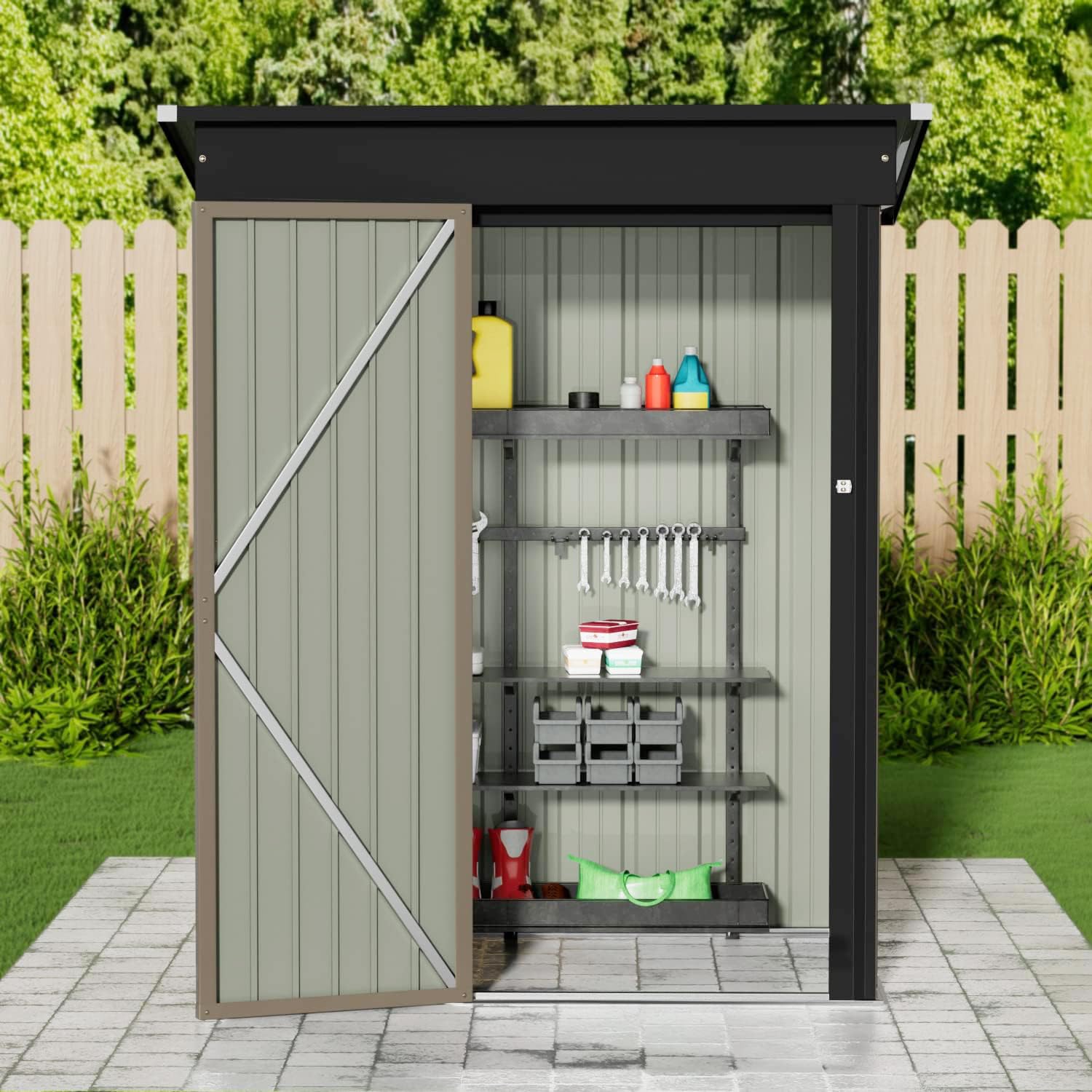 JUMMICO 5x3 FT Outdoor Metal Storage Shed with Lockable Door - Waterproof Garden Tool Shed for Backyard, Patio & Lawn (Brown) | Perfect for Storing Lawn Mowers, Bikes & Gardening Equipment