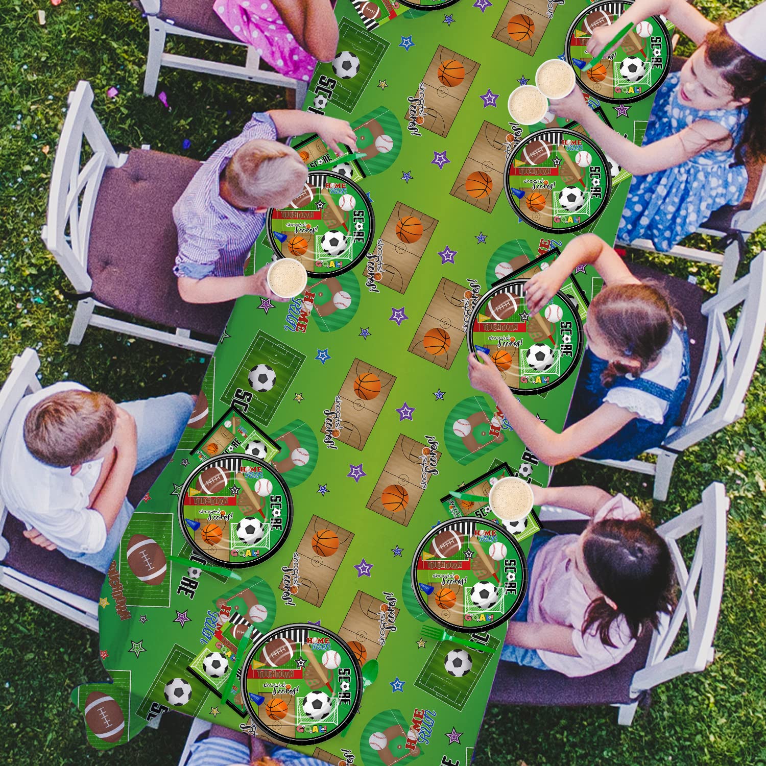 Xigejob Sports Theme Birthday Party Supplies - 24-Pack Plates, Cups, Napkins, Tablecloth & Forks Set | Soccer Basketball Baseball Football Decorations | Perfect for Sports Themed Parties, Game Nights & Team Celebrations