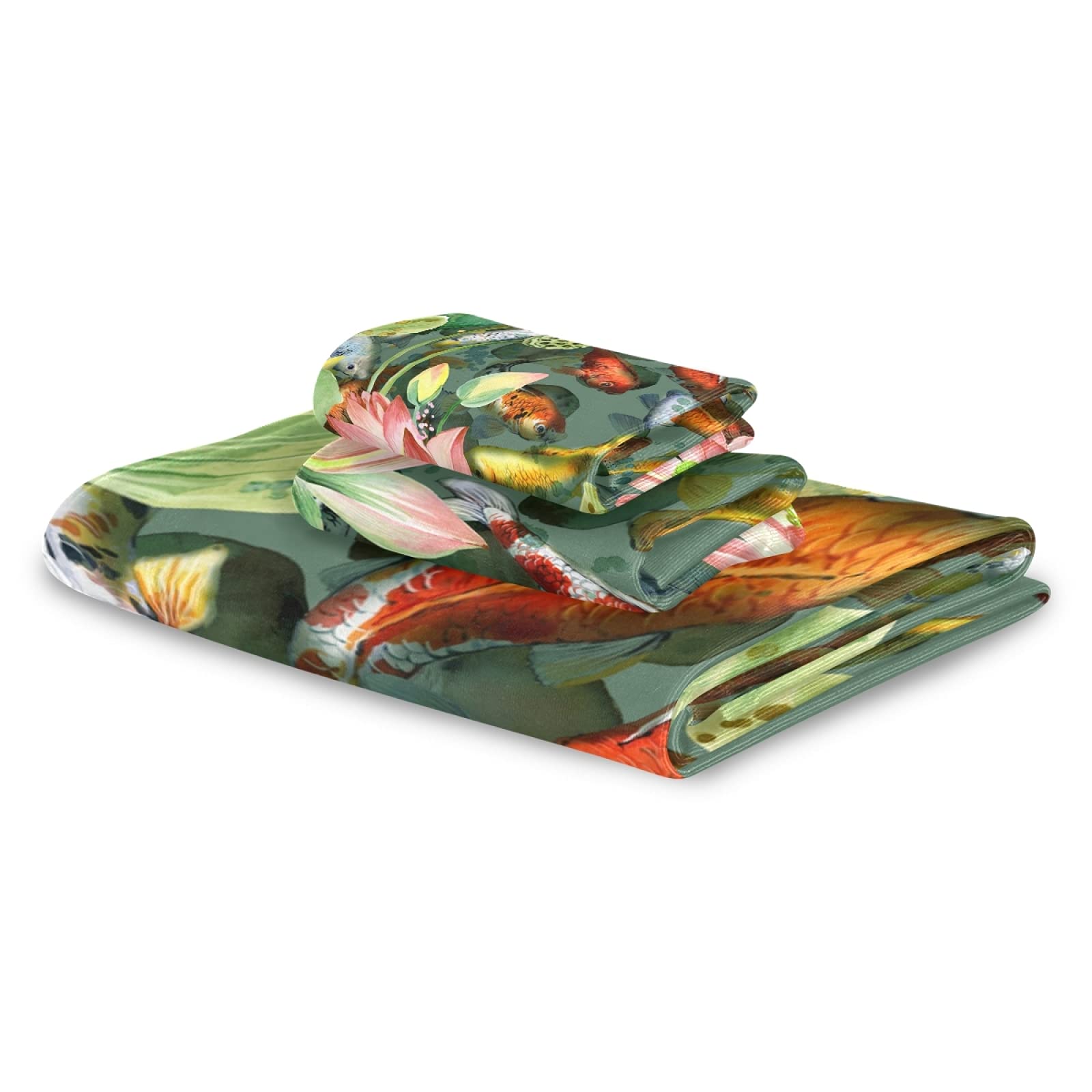 3-Piece Koi Fish with Flower Bath Towel Set - Soft Absorbent Bath, Hand & Wash Cloths for Bathroom, Hotel, Spa | Luxury Home Decor, Beach & Gym Essentials