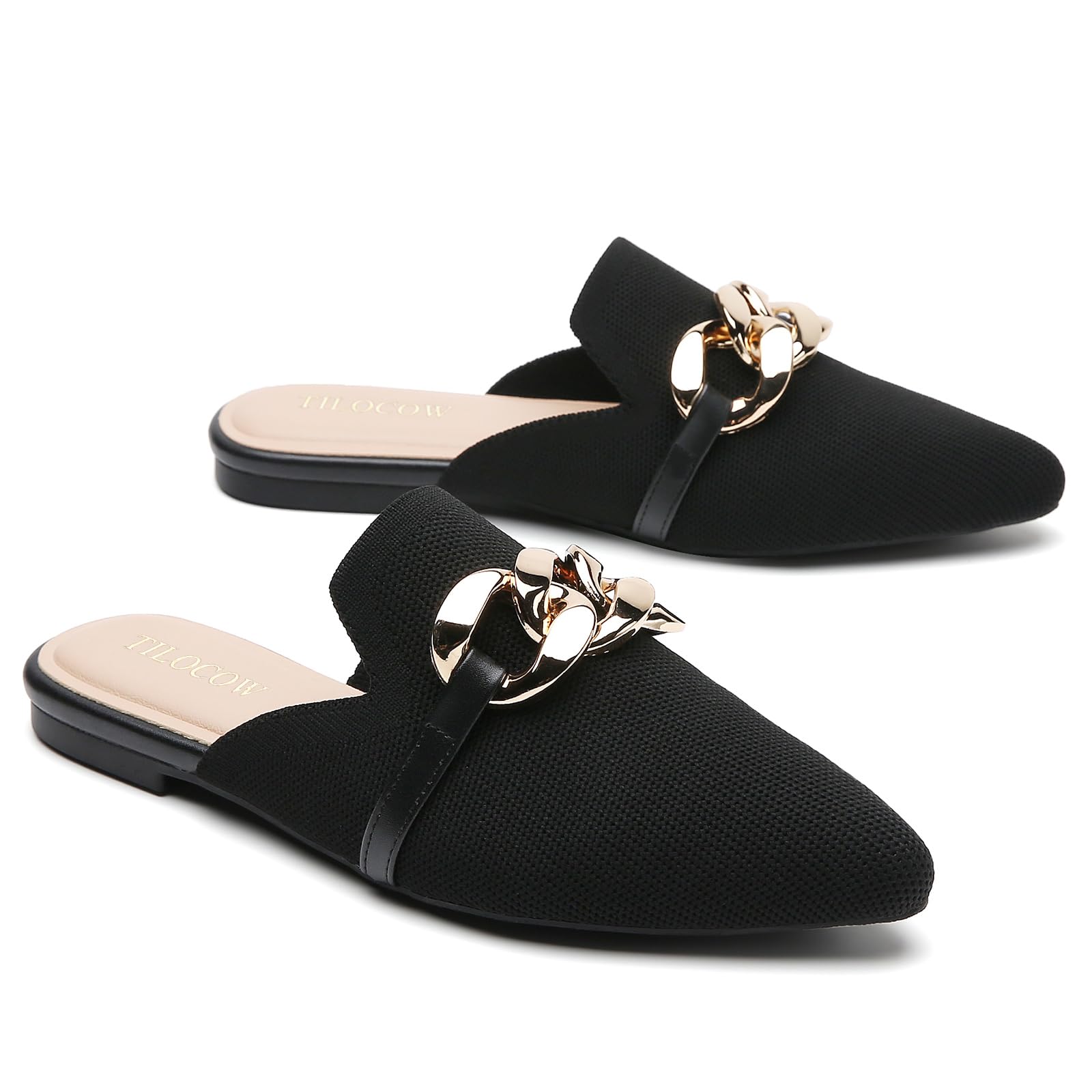 Tilocow Women's Knitted Mules with Metal Chain Decor - Pointed Toe Mesh Backless Loafers Slip On Business Casual Shoes | Comfortable Walking Slides for Office, Travel & Daily Wear