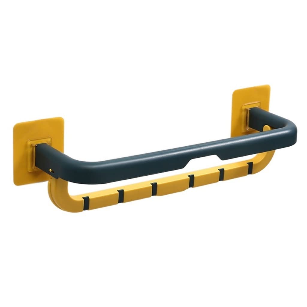 Foldable Double Towel Bar with Hooks - No Drill Wall Mounted Bathroom Towel Rack Holder - Space Saving Blue & Yellow Towel Hanger for Bathroom, Kitchen, Laundry Room Organization