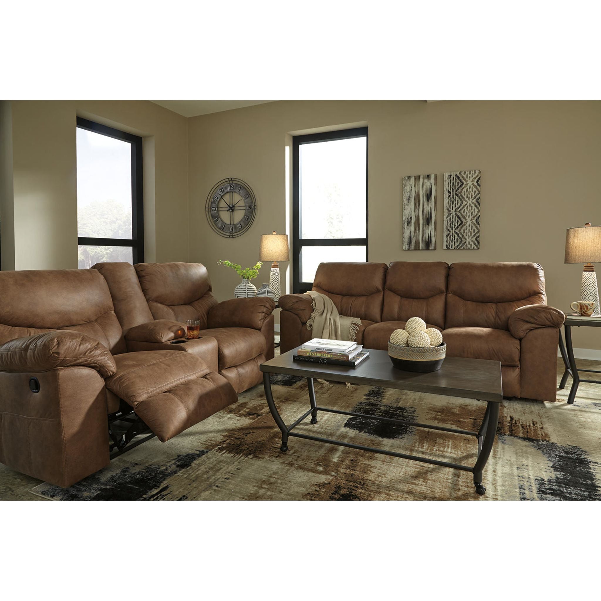 Boxberg Reclining Loveseat with Console in Bark Brown - Modern Reclining Sofa for Living Room, Home Theater & Small Spaces - Comfortable Two-Seater with Cup Holders and USB Ports