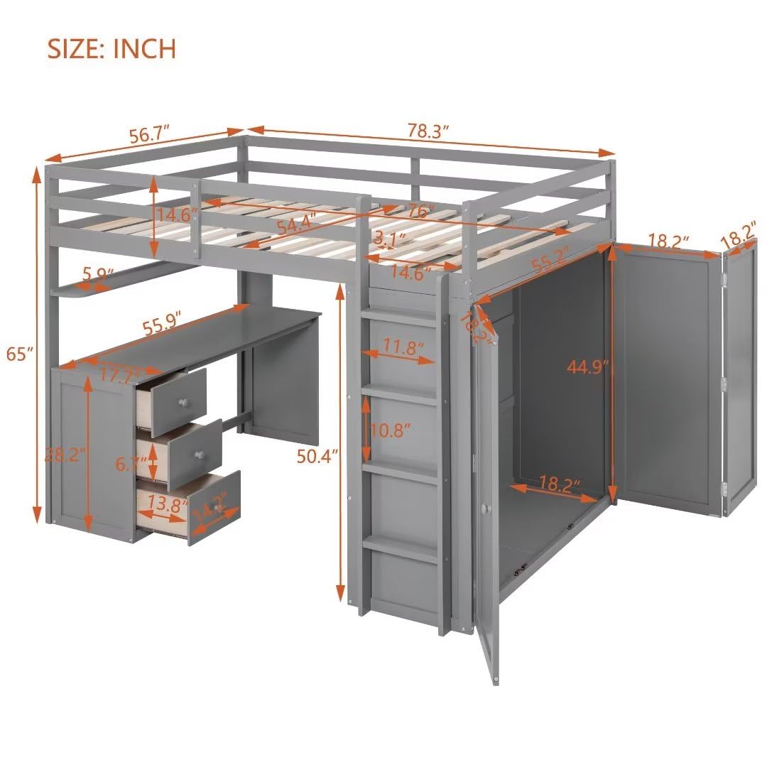 Full Size Loft Bed with Wardrobe, Desk & Drawers - Sturdy Solid Wood Multifunctional Loft Bed with Ladder & Safety Guardrail - No Box Spring Needed - Space-Saving Gray Loft Bed for Small Rooms, Dorms, Apartments & Kids Bedrooms