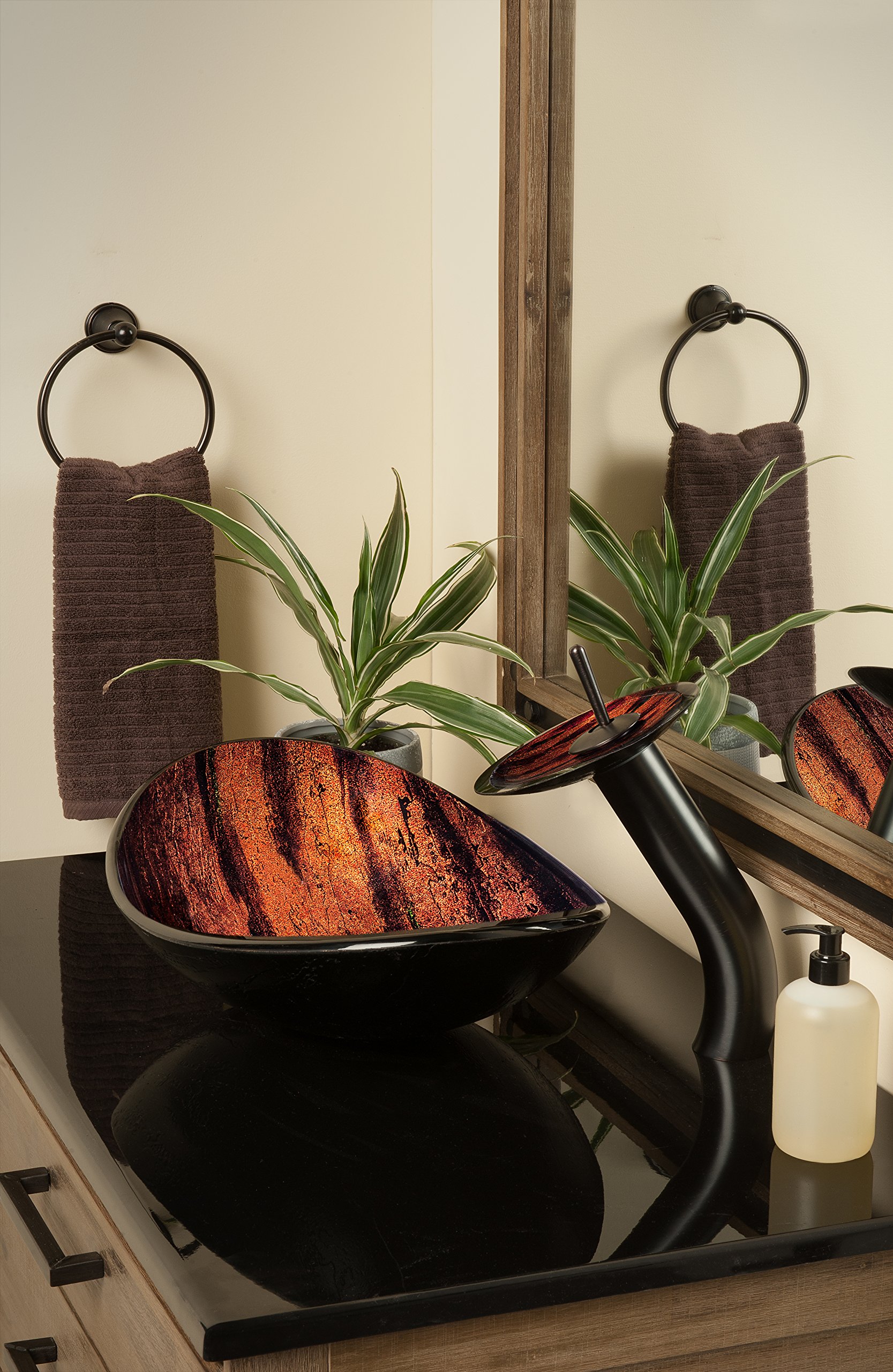 Novatto VOLLE Glass Vessel Bathroom Sink Set in Oil Rubbed Bronze - Modern Above Counter Basin for Bathroom Vanity, Powder Room, and Luxury Home Decor