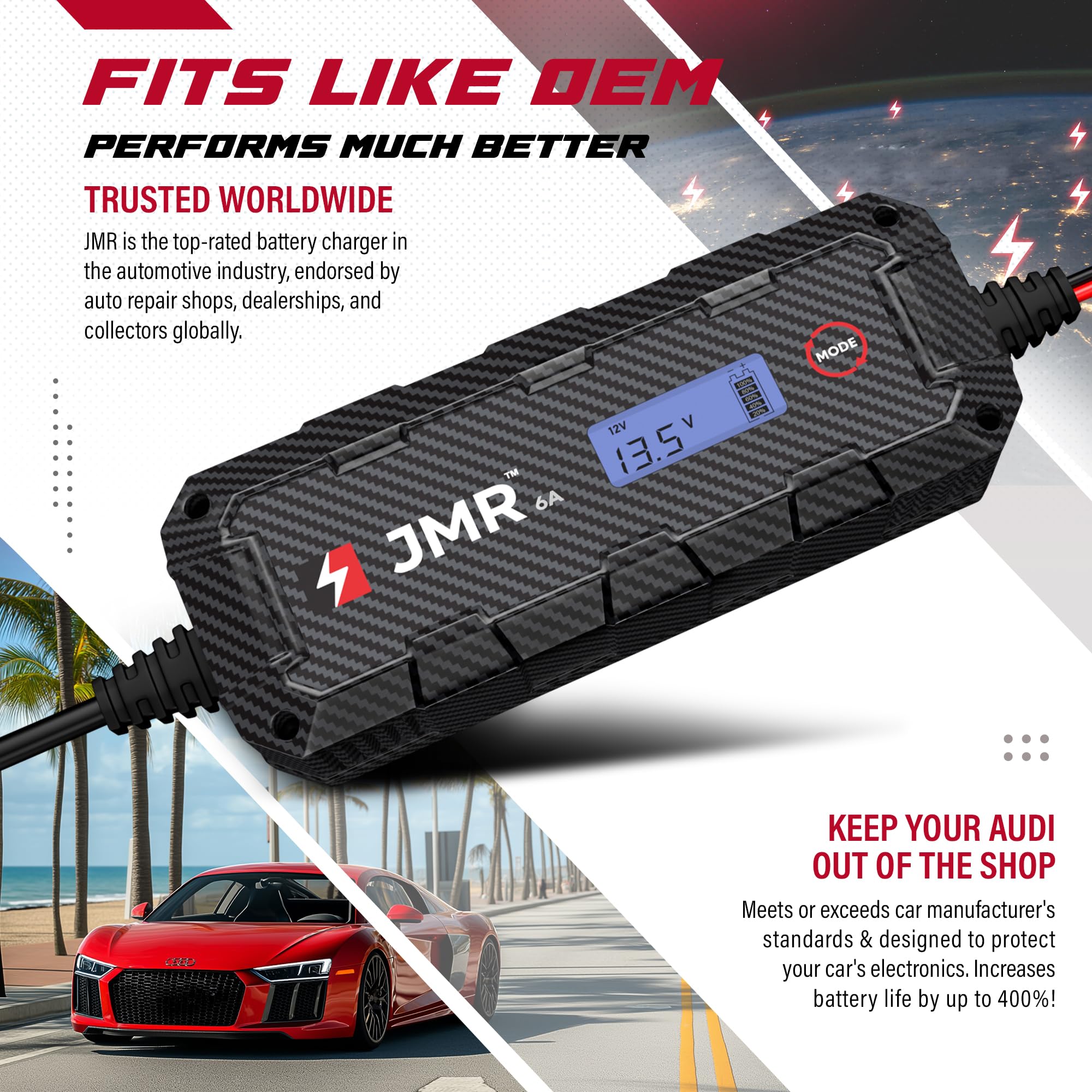 JMR Battery Charger for Audi R8 S8 RS TT Q7 SQ8 A5 - 12V Smart Trickle Charger & Maintainer for All Models - Perfect for Winter Storage & Long-Term Vehicle Maintenance (No Lithium Mode)