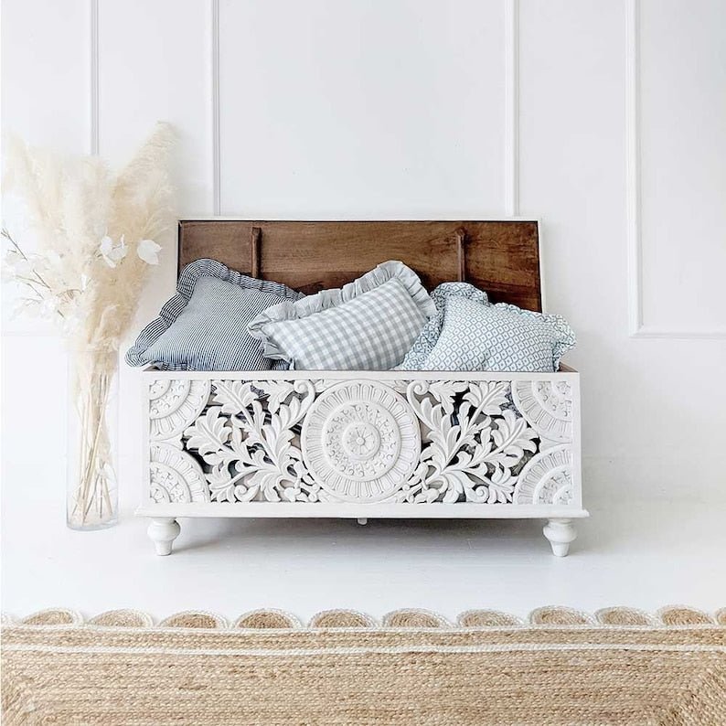 Hand Carved Lombok Blanket Box - Traditional Wooden Storage Chest for Blankets, Linens & Home Decor | Perfect for Bedroom, Living Room & Nursery Organization