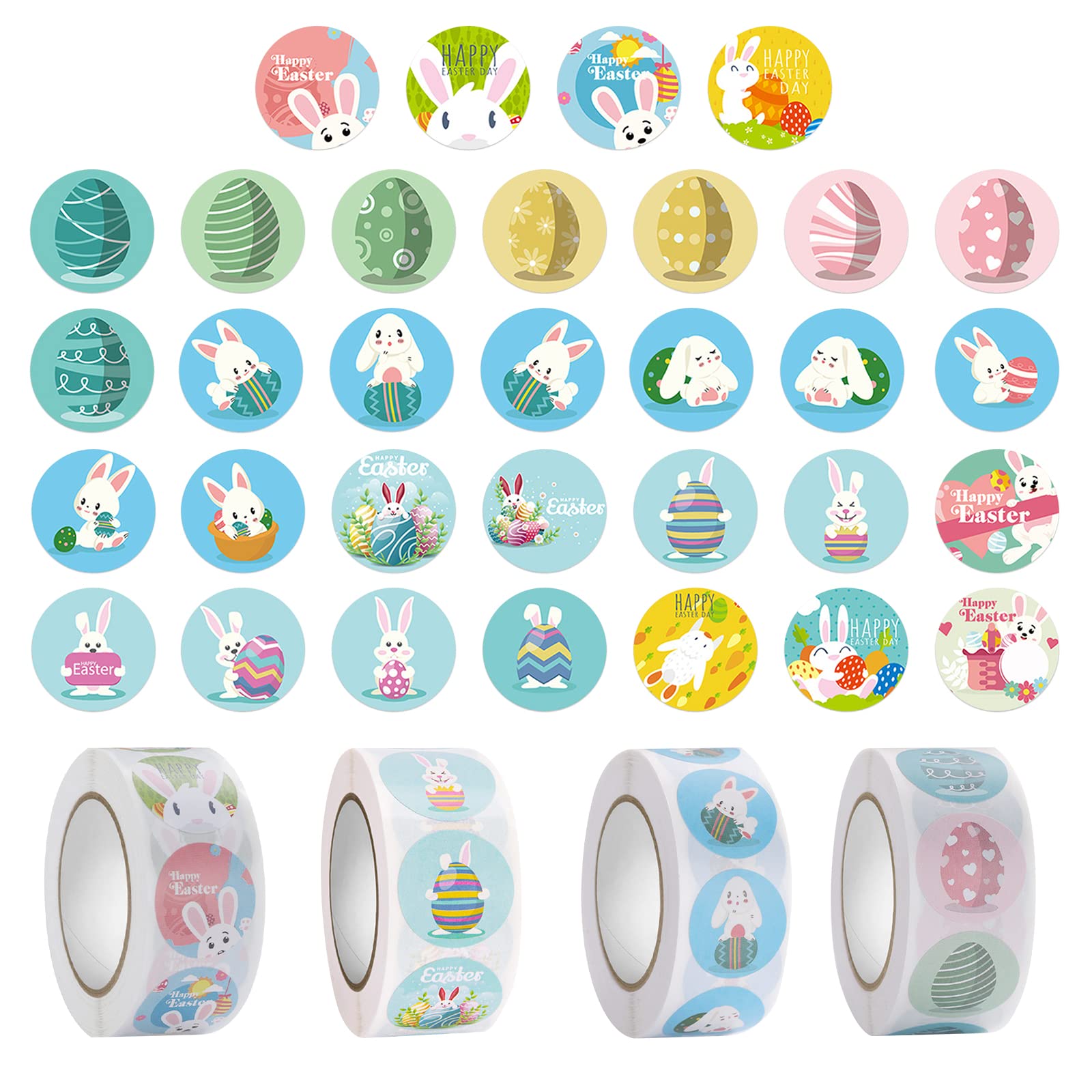 2000PCS Easter Stickers Bulk Pack - Waterproof Round Bunny Egg Stickers for Kids, Easter Party Decorations, Wall Window & Gift Bag Supplies - Perfect for Easter Egg Hunts, Classroom Activities & DIY Crafts