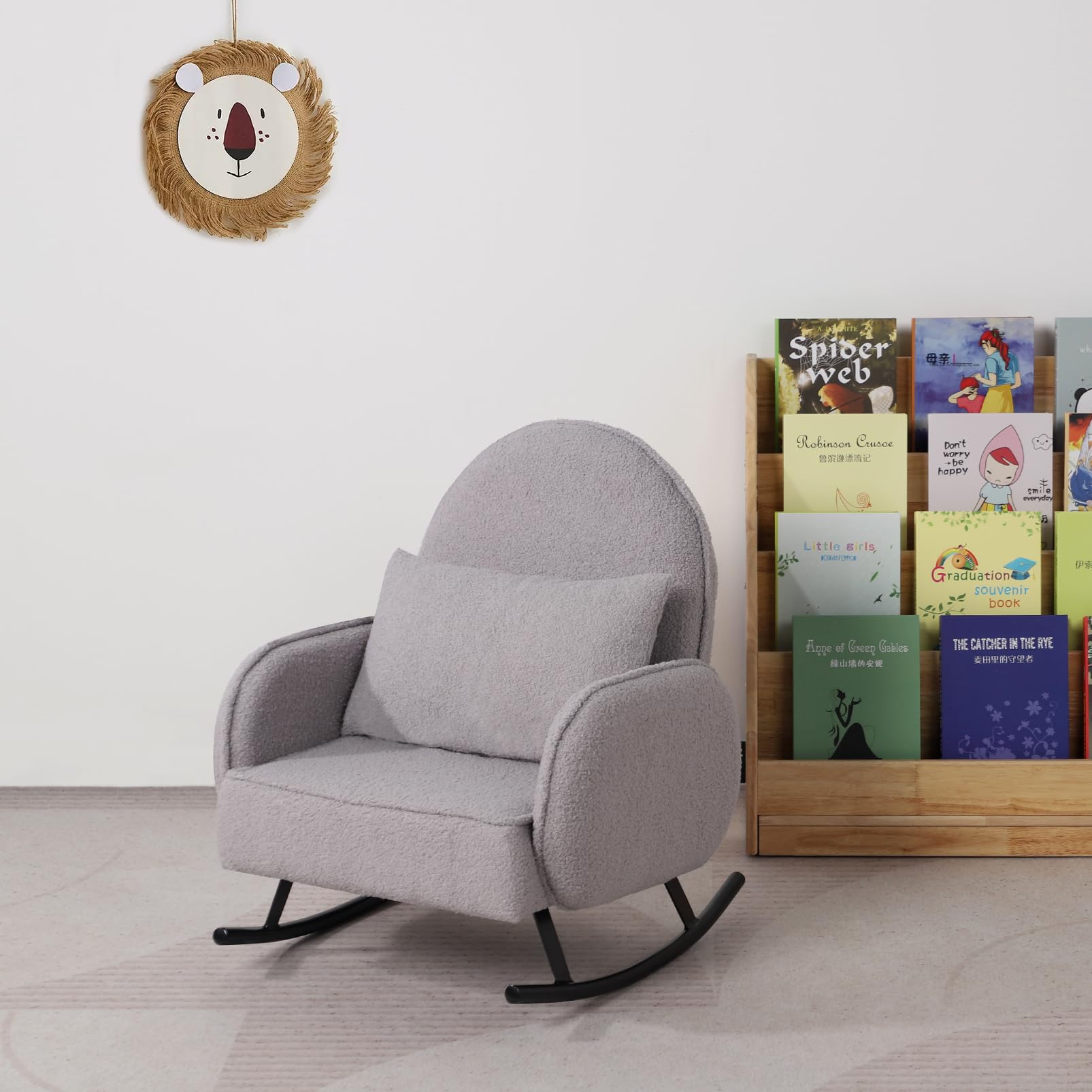 **Baby Rocking Chair with Sherpa Fabric & Metal Base - Toddler Armchair for Boys & Girls - Kids Sofa & Rocking Chair for Nursery, Playroom & Relaxation (Grey)**