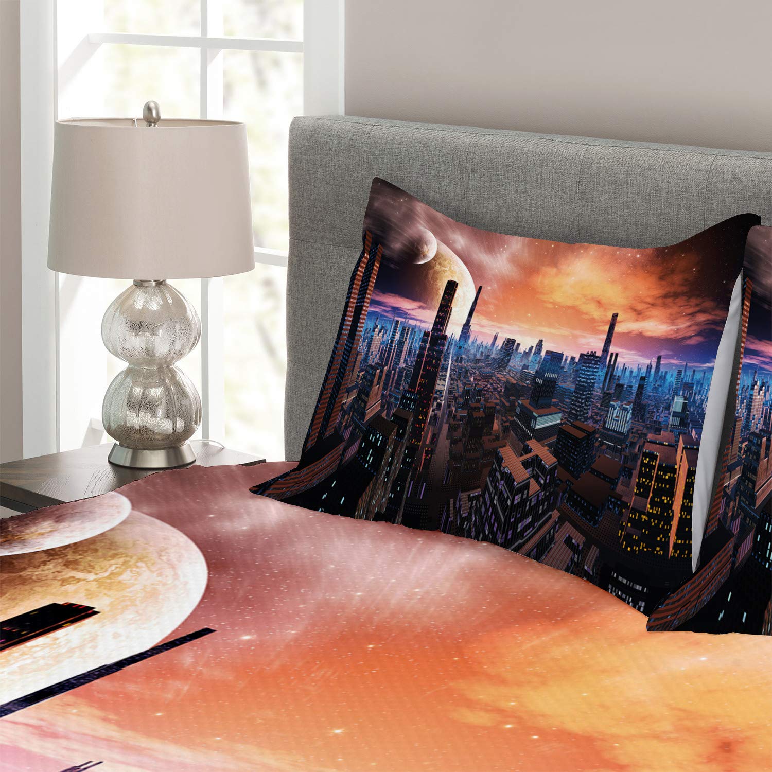 Ambesonne Futuristic Cityscape Bedspread Set - Sci-Fi Inspired Distant World Design with Planets in Sky, 3-Piece King Size Bedding (Coverlet + 2 Pillow Shams) in Orange Blue Cinnamon - Perfect for Sci-Fi Lovers' Bedroom Decor & Themed Home Styling