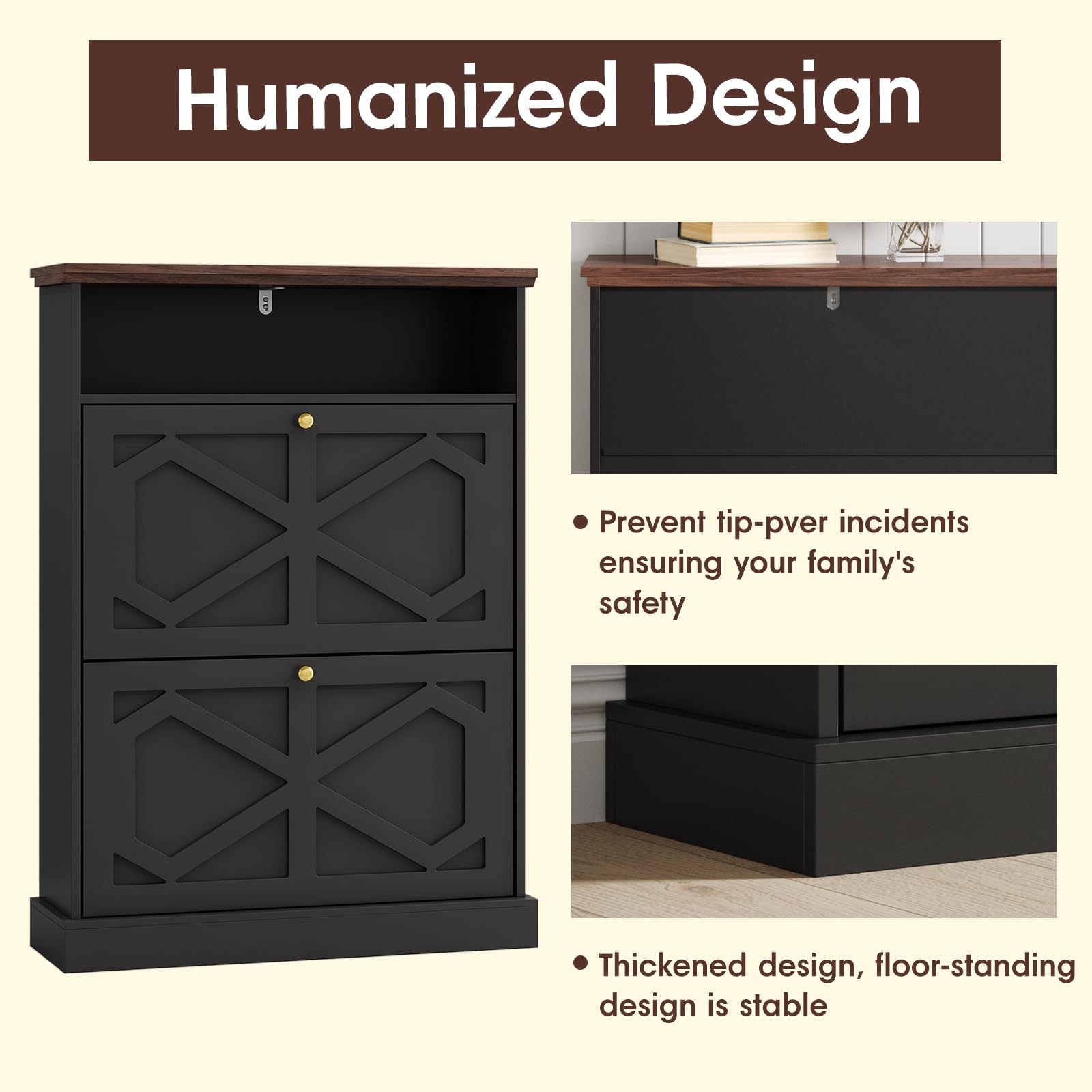 Maupvit 2-Tier Flip-Drawer Shoe Storage Cabinet - Freestanding Entryway Shoe Organizer with Open Shelves & Wooden Legs - Farmhouse Narrow Shoe Rack for Foyer, Hallway, Living Room - Perfect for Small Spaces & Home Organization (Black)
