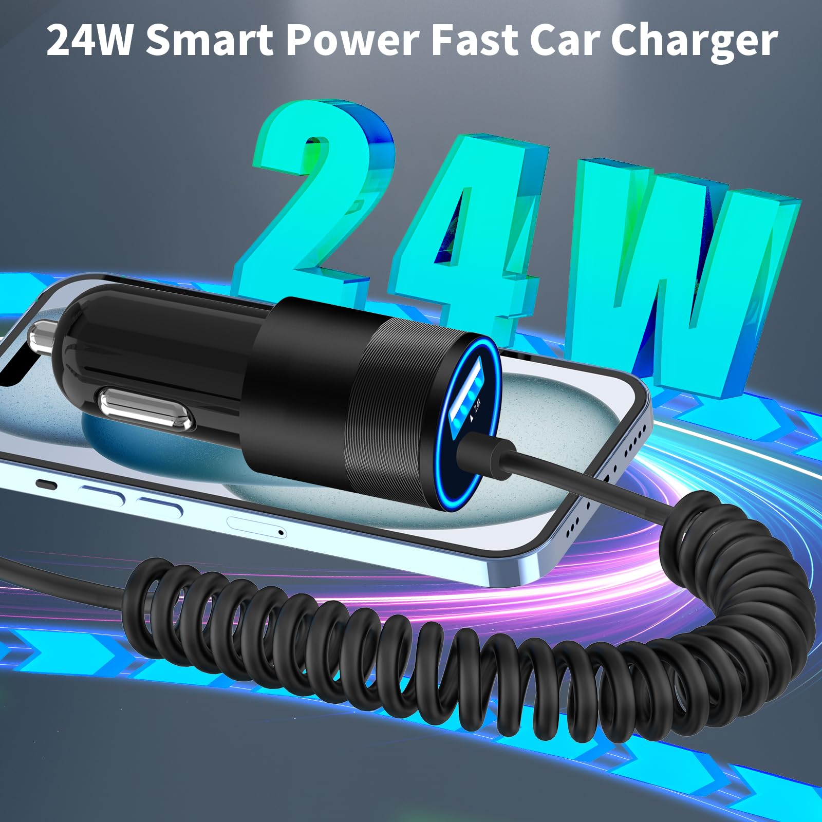 Apple MFi Certified Fast Car Charger for iPhone 15 Pro/Pro Max - 4.8A USB-C Cigarette Lighter Charger with 6FT Coiled Type-C Cable - Compatible with Galaxy S24/S23/Pixel/iPad Pro - Perfect for Road Trips & Daily Commutes