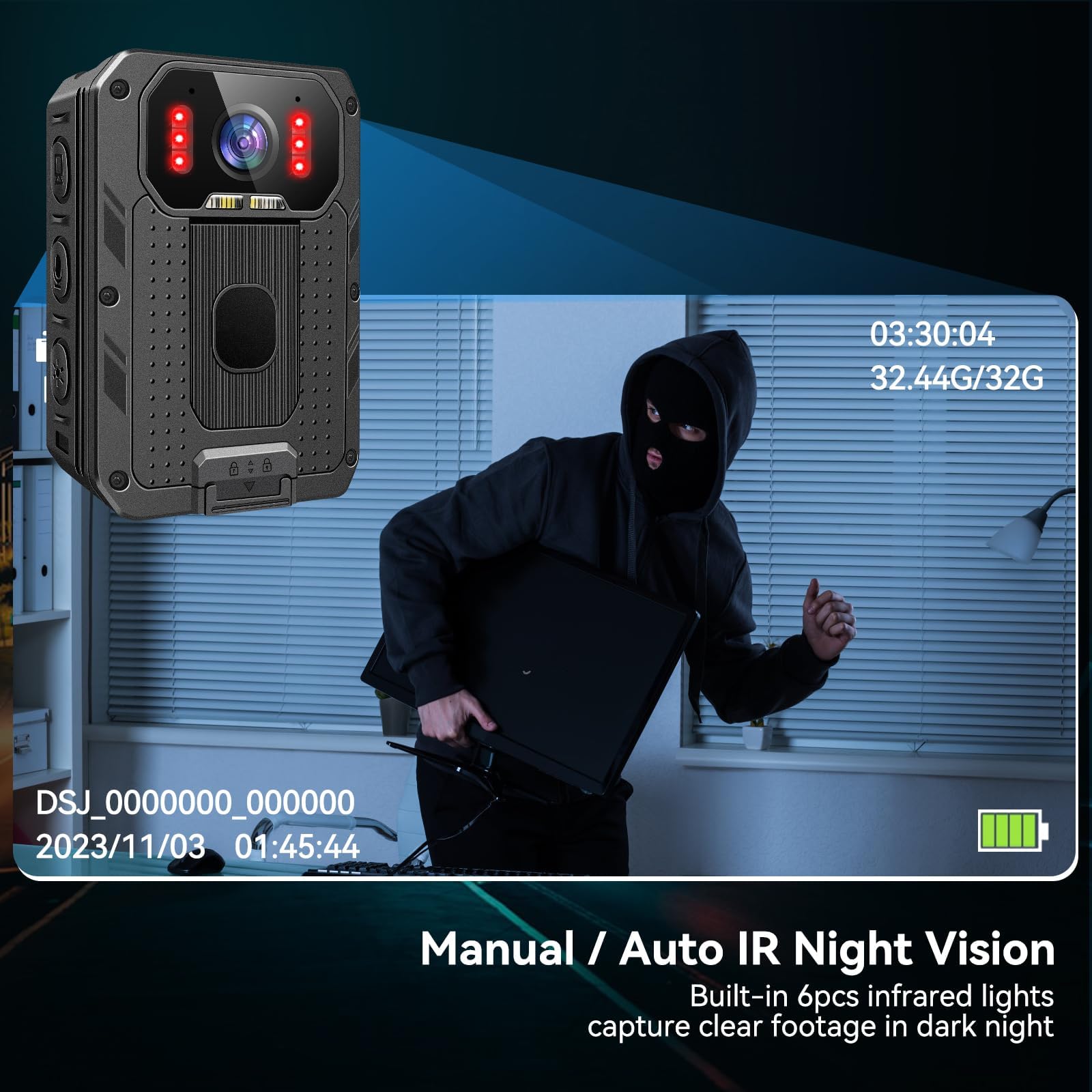 SYDYAM 4K 64GB Body Camera with Audio Recording - Waterproof IP68 Police Body Cam, 13-15 Hours Battery Life with 2x 2350mAh Batteries, H.265 Video Codec - Ideal for Law Enforcement, Security Patrol, Hiking & Outdoor Adventures