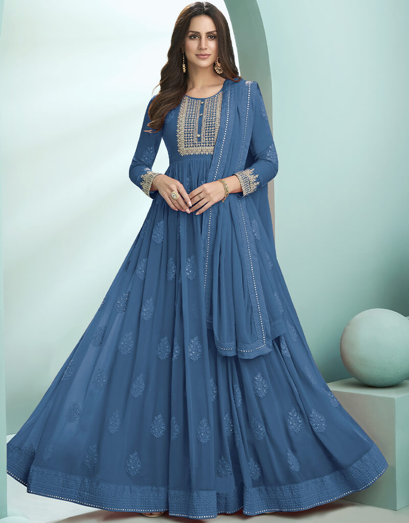 Blue Fox Georgette Anarkali Salwar Suit for Women - Elegant Indian Ethnic Dress for Weddings & Festivals | Perfect for Diwali, Eid & Special Occasions