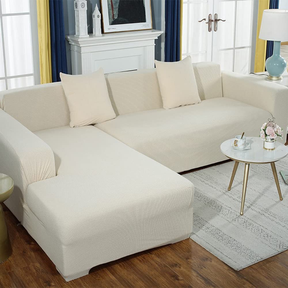 YOPOIY L-Shaped Sofa Cover - Spandex Super Soft Stretch Sectional Couch Cover for Living Room, Anti-Slip Pet-Friendly Furniture Protector - White (3+3 Seater) - Perfect for Home Decor & Pet Owners