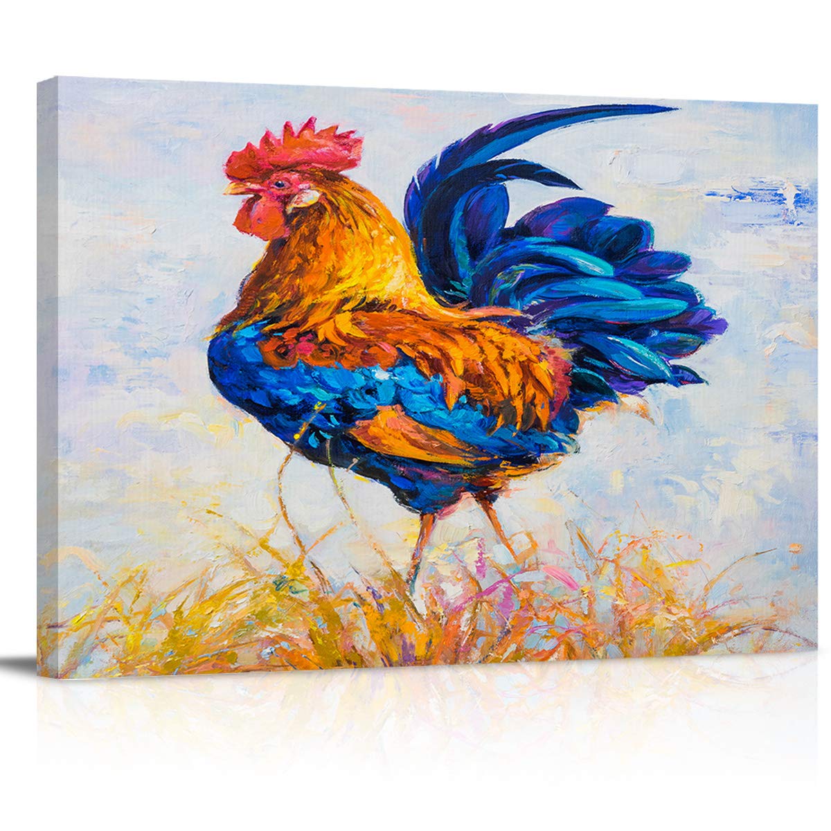 Farm Rooster Watercolor Canvas Wall Art - Stretched & Framed Country Chicken Blue Feather Oil Painting Print (24x36in) for Living Room, Bedroom & Home Decor | Rustic Farmhouse, Countryside & Kitchen Wall Decor