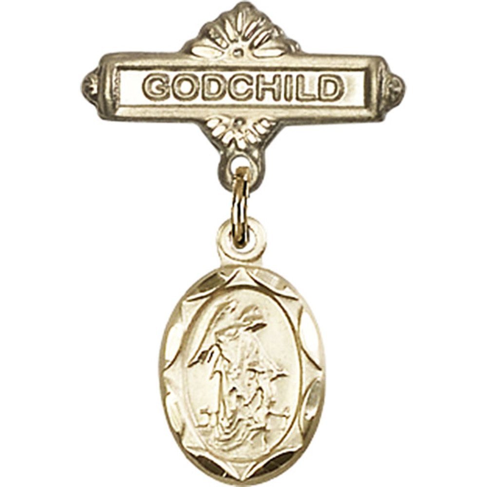 Bonyak Jewelry Gold Filled Guardian Angel Saint Medal Charm - 1 X 5/8 Inch Religious Baby Badge Pin for Godchild Gifts, Baptism, First Communion & Christening Jewelry