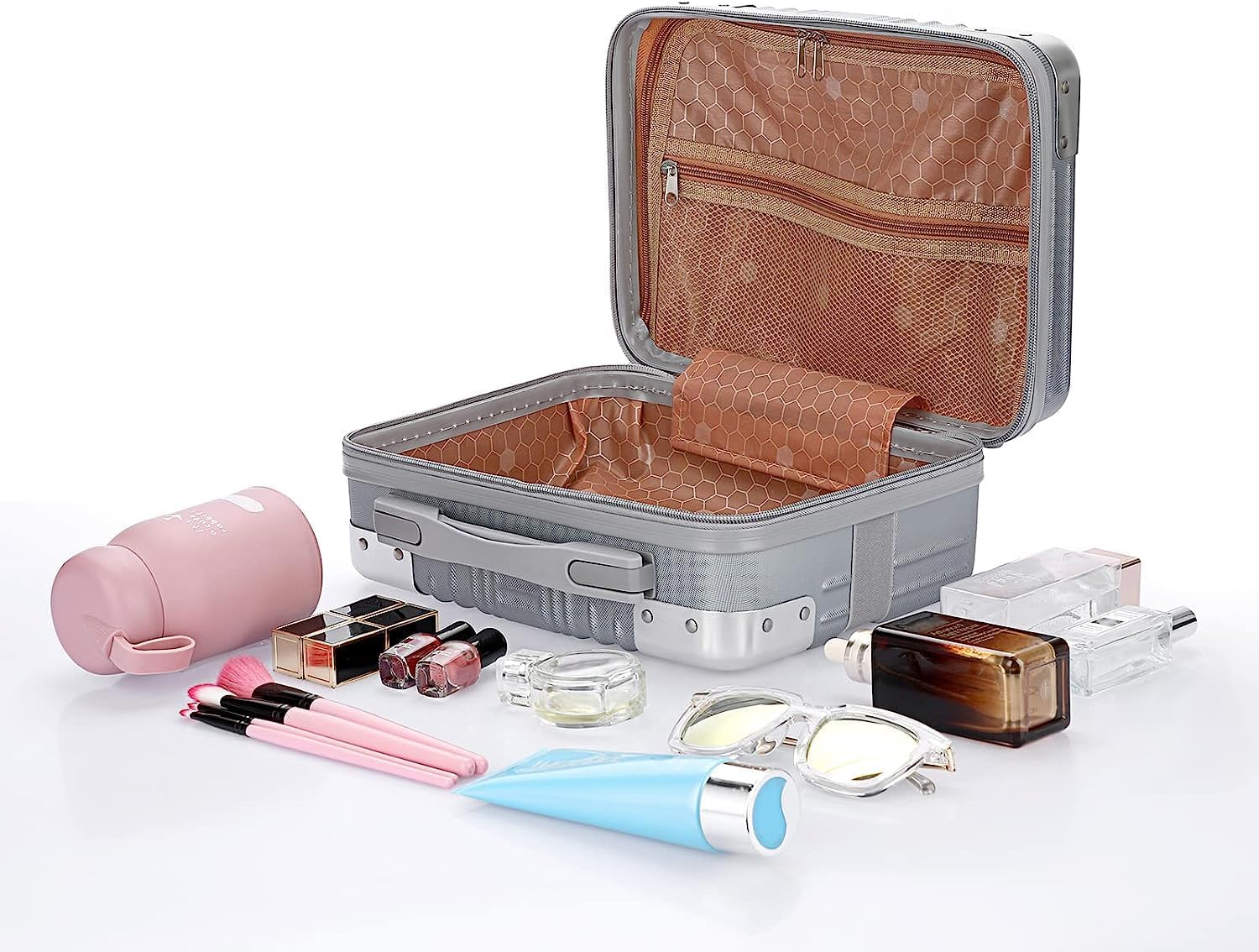 Portable Hard Shell Cosmetic Travel Case - Small Makeup Organizer with Elastic Bands, Mini ABS Carry On Luggage for Women | Perfect for Air Travel, Weekend Getaways & Daily Makeup Storage