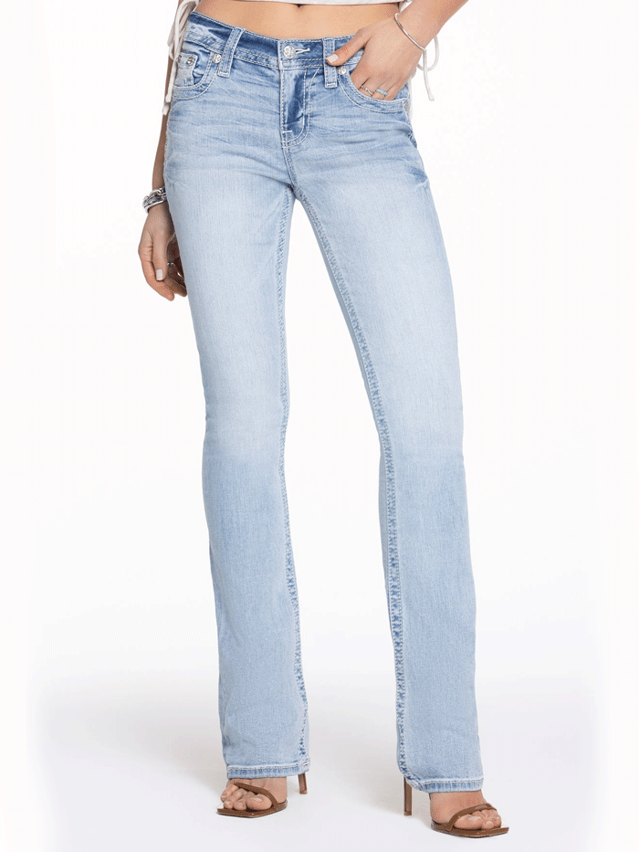 Miss Me M5082B190L Women's Niela Wing Mid Rise Bootcut Jeans - Light Wash Denim for Casual Wear & Everyday Comfort