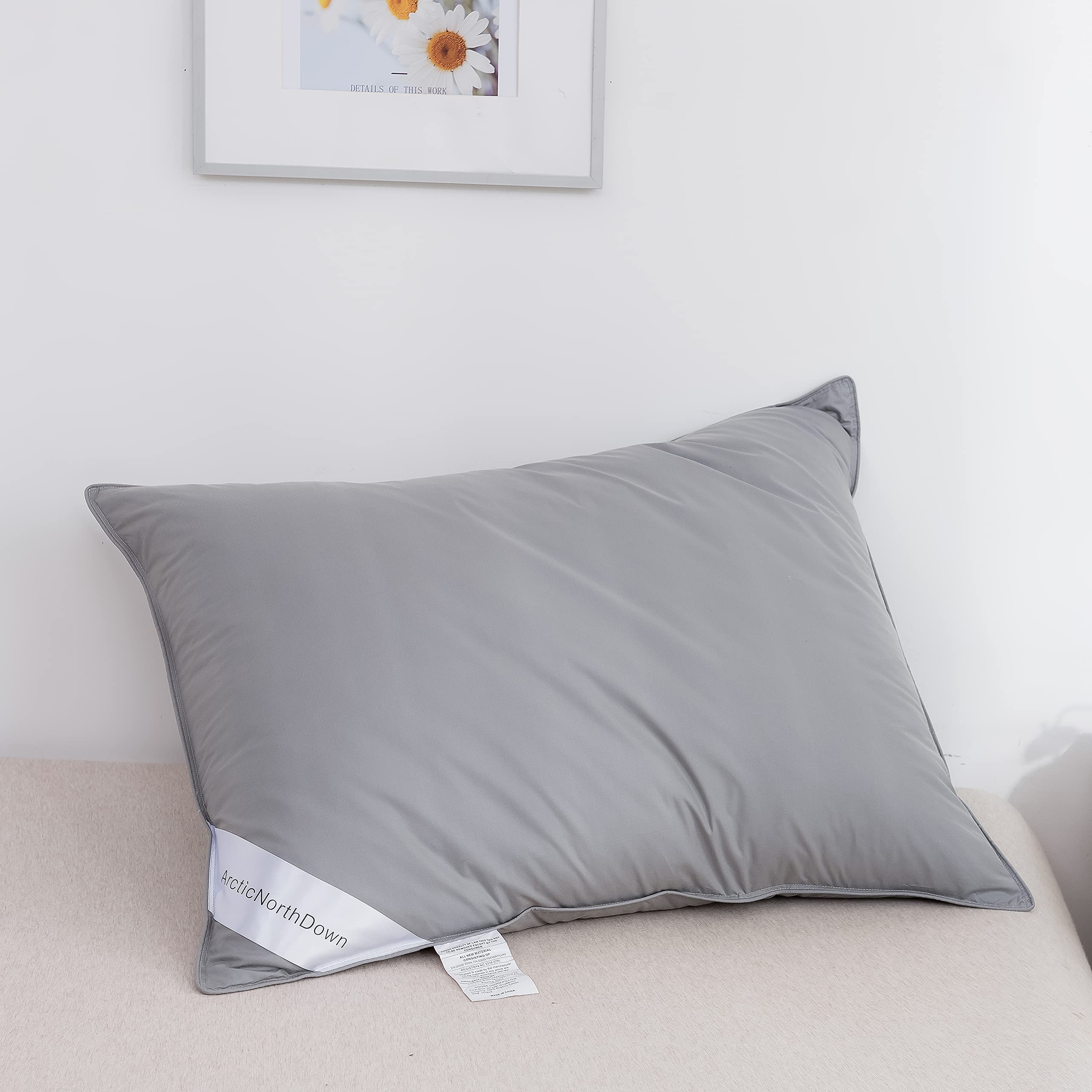 Premium Grey Goose Down Feather Pillows for Sleeping - 100% Cotton Fabric, Hypoallergenic, Supportive for Side, Back & Stomach Sleepers - Standard Size (20x26 inches) - 1 Pack, Grey - Perfect for Bedroom, Hotel & Travel Use