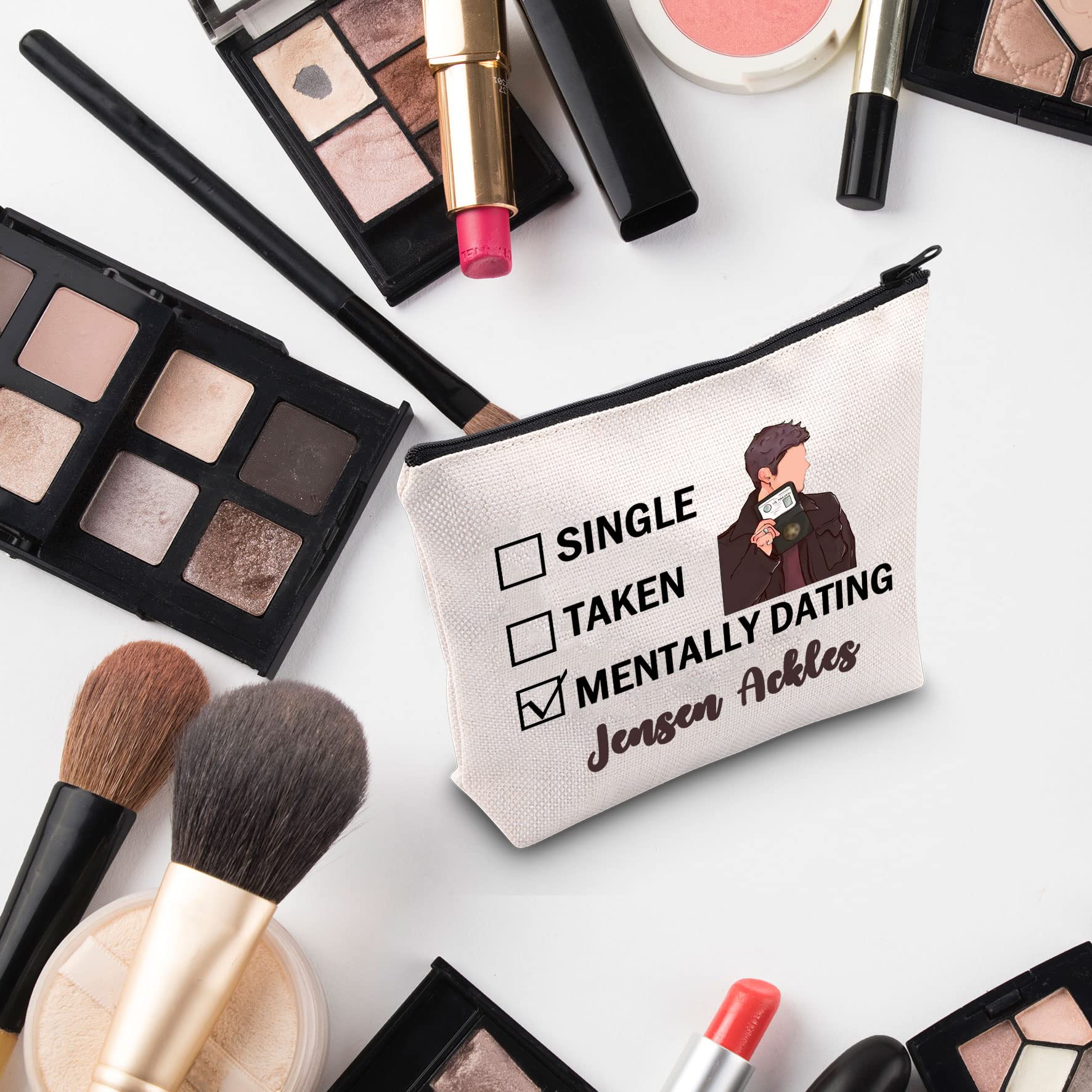 Jensen Ackles Inspired Makeup Bag - Dean Winchester Fan Cosmetic Pouch | Supernatural Merchandise & Gift for Women | Travel, Cosmetics Storage & Fan Collection (White)