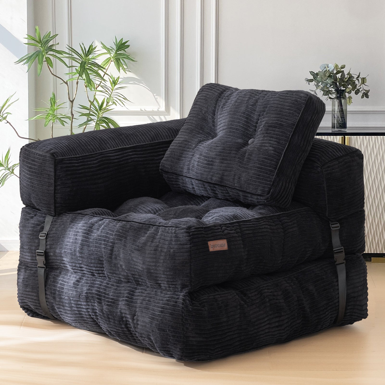 MAXYOYO L-Shaped Convertible Folding Sofa Bed with Armrest - Foldable Sleeper Sofa for Small Spaces, Guest Room & Studio Apartment - Black