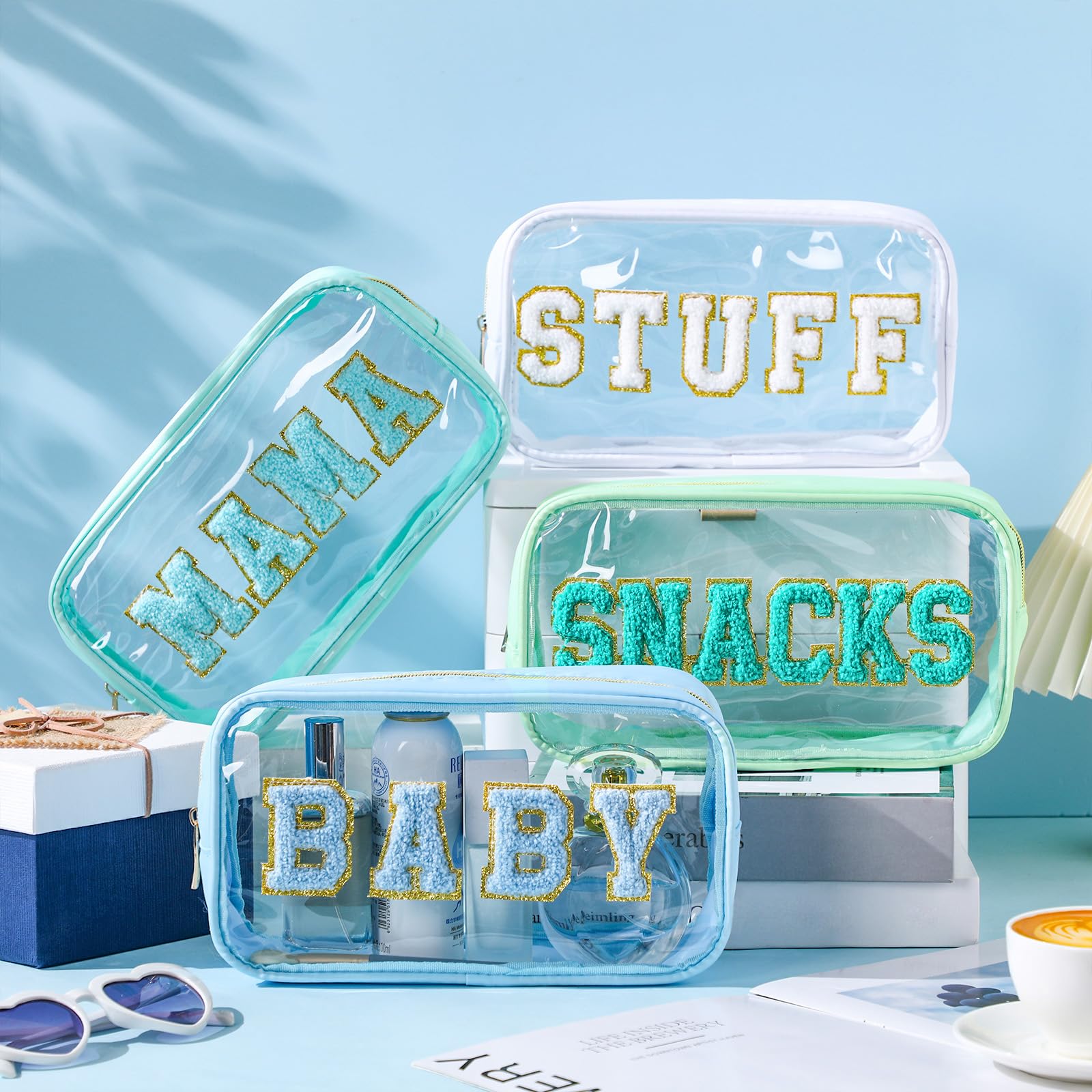 4-Piece Clear Chenille Letter Travel Toiletry Bag Set - Waterproof Zippered Cosmetic Pouch for Mom & Baby, Diaper Organizer, Makeup Storage - Perfect for Airplane, Gym, Beach & Baby Essentials (Fresh Color)
