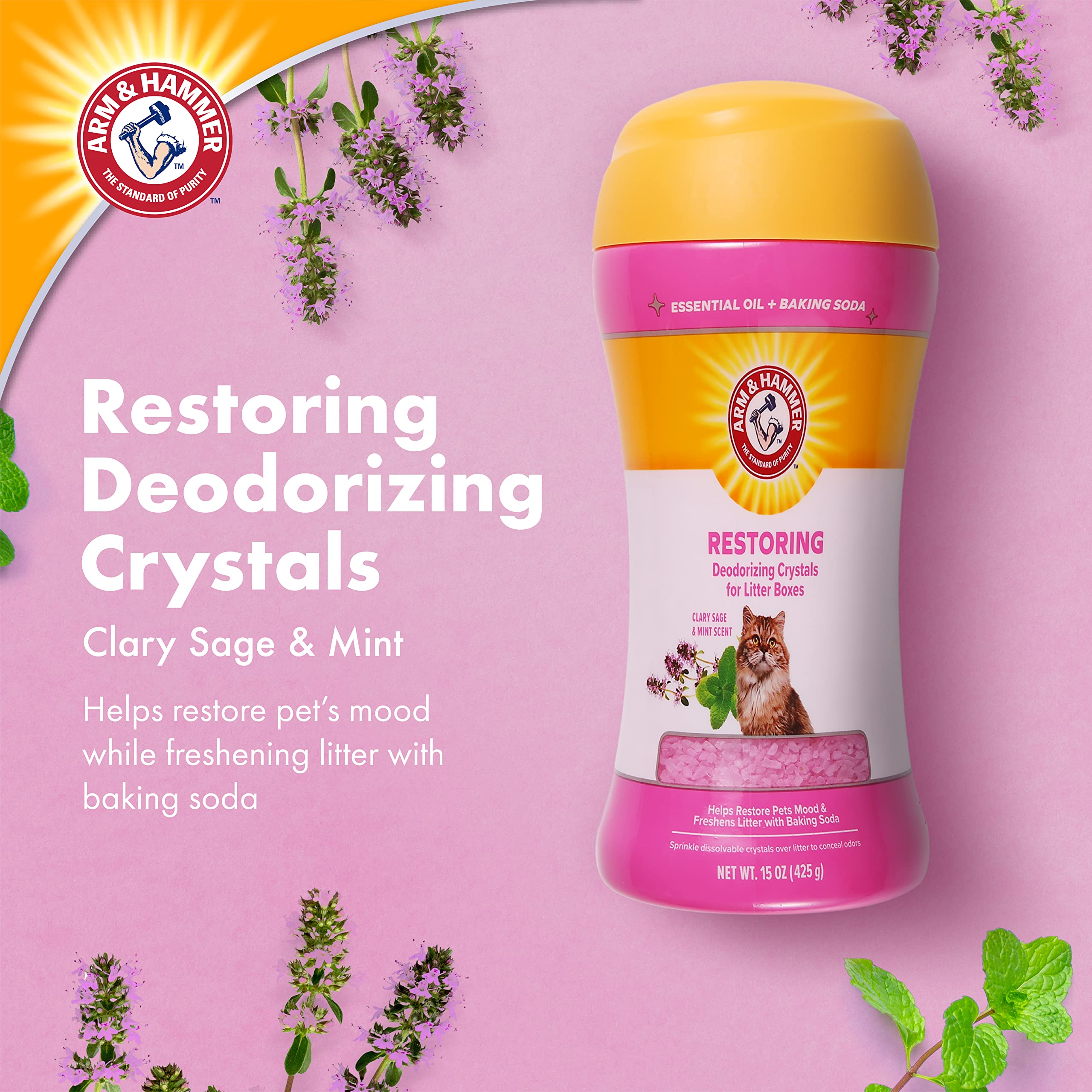 Arm & Hammer Cat Litter Deodorizer Crystals - Clary Sage & Mint Scented Odor Eliminator for Litter Boxes | 15oz | Long-Lasting Freshness for Multi-Cat Homes & Small Spaces