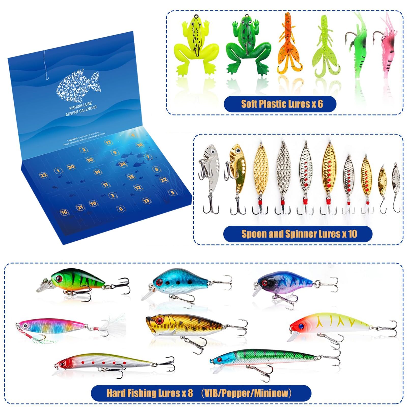 2024 Fishing Advent Calendar - 24 Days Countdown Fishing Lures Set with Christmas Surprise Gifts for Men, Women, Teens | Perfect for Holiday Countdown, Stocking Stuffers & Fishing Enthusiasts (Blue 001)