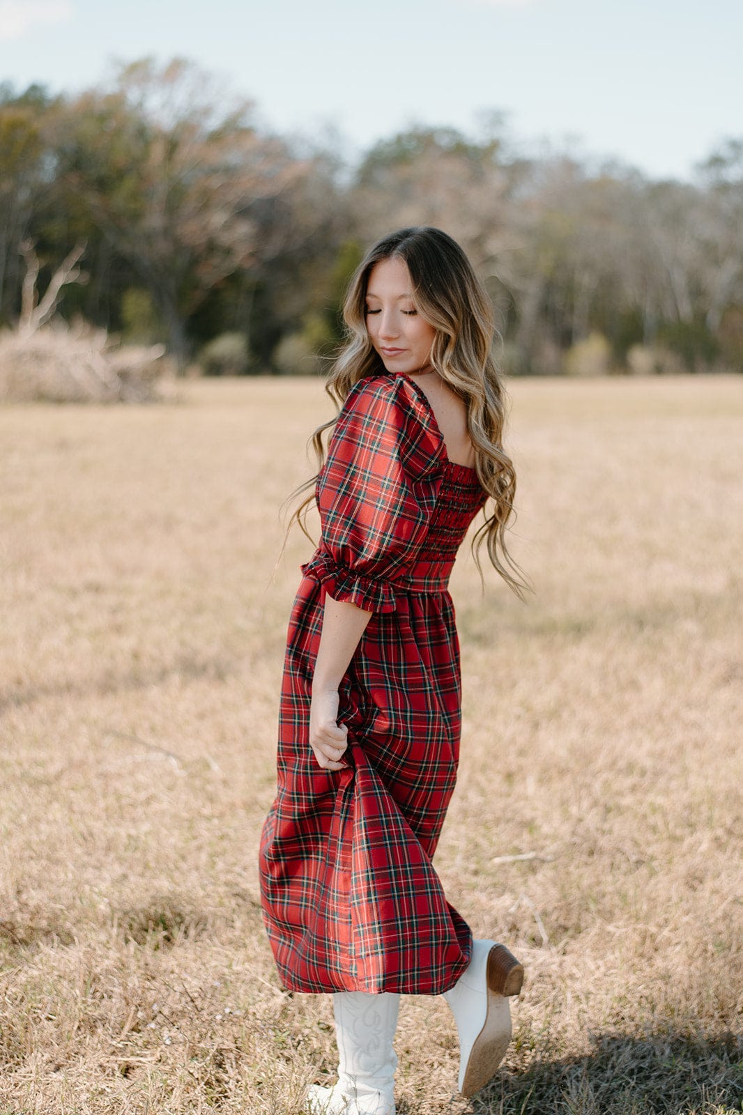 Festive Red Plaid Midi Dress for Women - Christmas Holiday Party Outfit, Office Cocktail Attire & Winter Date Night Fashion