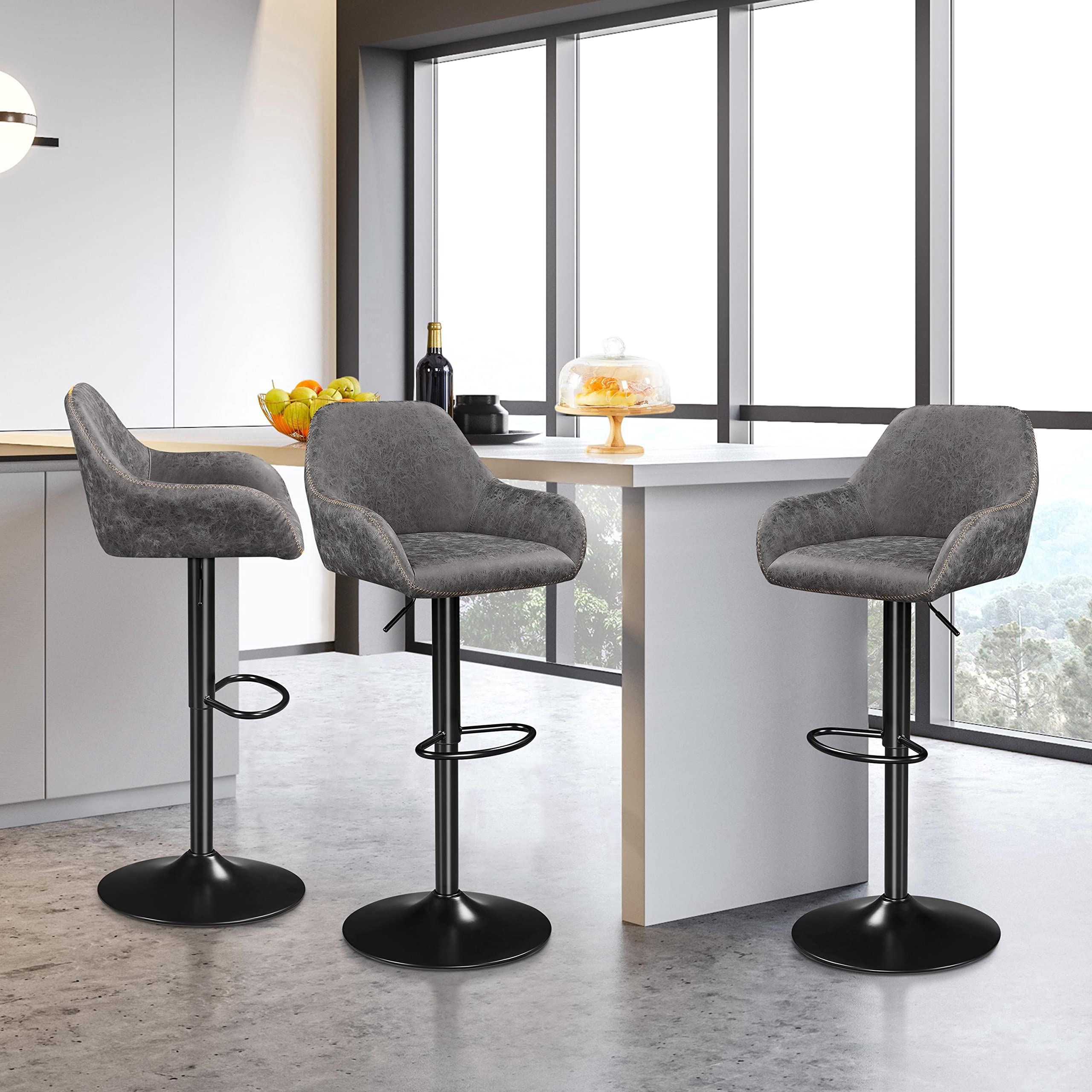 Yaheetech 2-Pack Adjustable Swivel Bar Stools with PU Leather Seat, Backrest & Footrest - Counter Height Kitchen Island Stools for Home, Cafe & Bar (Grey) - Perfect for Breakfast Nooks, Entertaining & Small Spaces