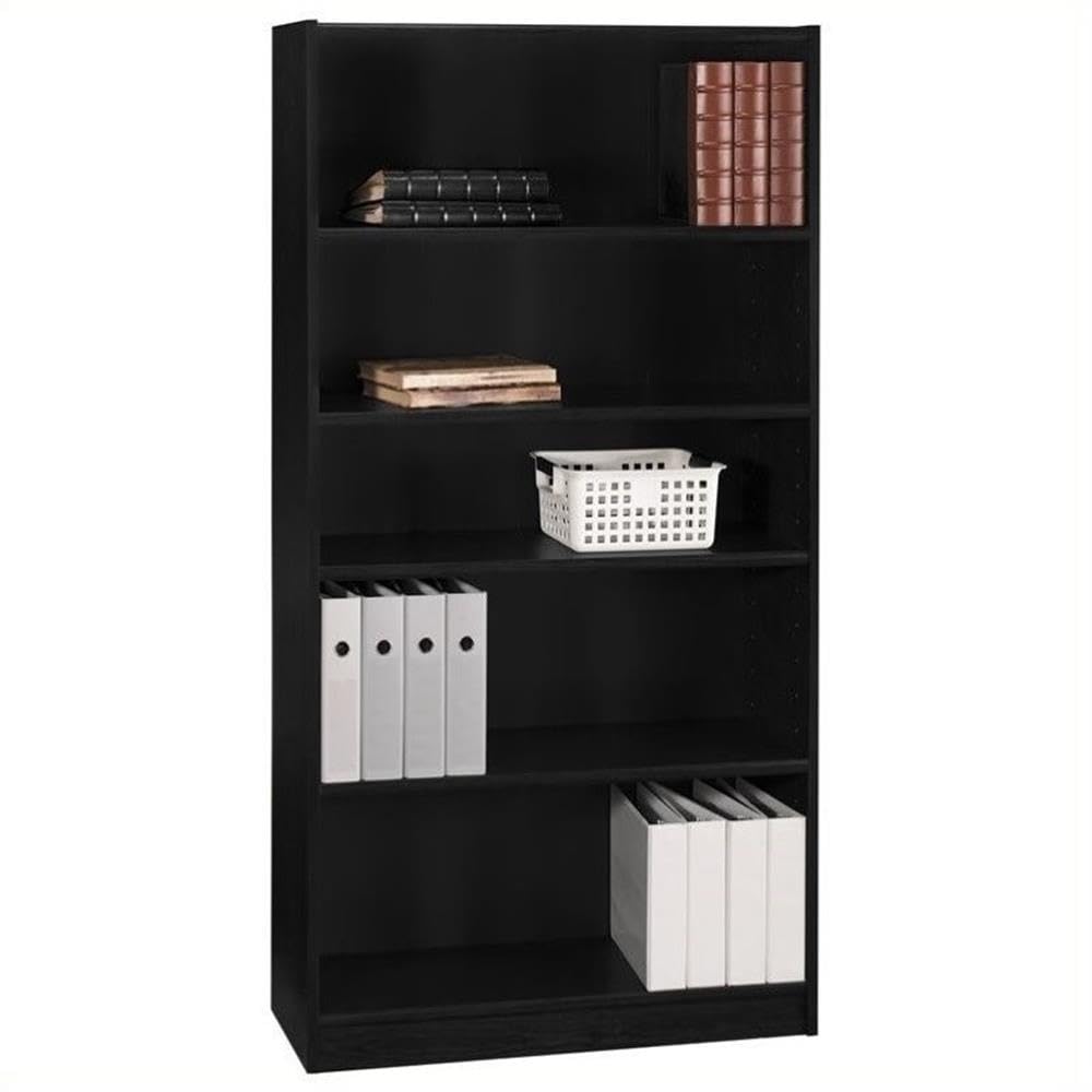 BOWERY HILL 5 Shelf Bookcase - Classic Black Wooden Bookshelf for Home Office, Living Room, Bedroom & Library Storage Organization