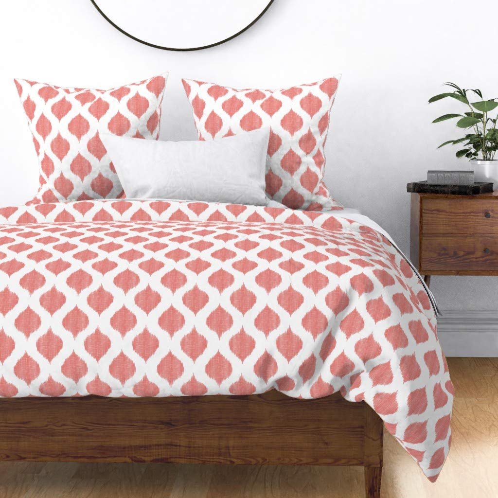 Custom Ikat Coral Polka Dots Cotton Sateen Duvet Cover King/California King Size | Spoonflower Premium Bedding for Home Decor | Perfect for Master Bedroom, Guest Room & Coastal Style Interiors