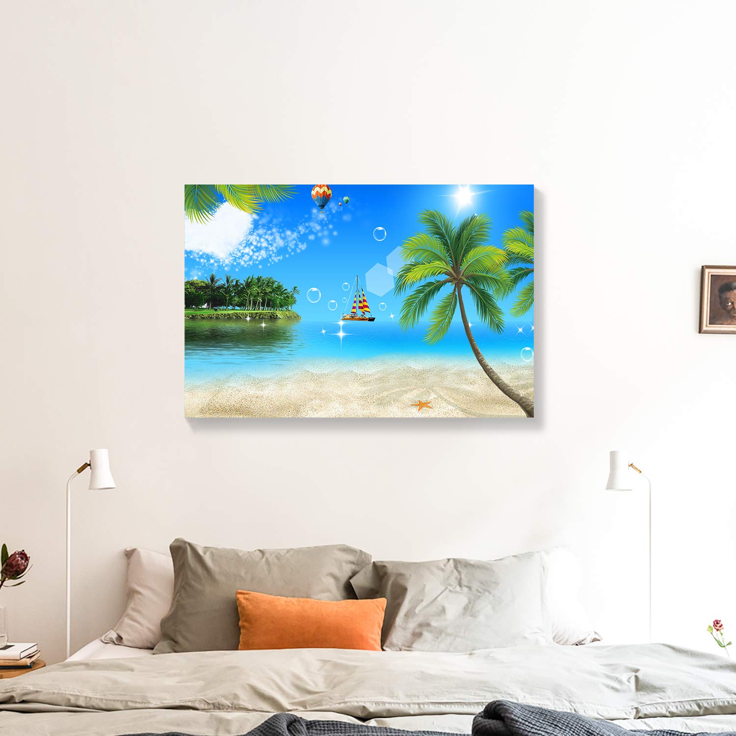 Looife 32x24 Inch Tropical Palm Tree Beach Canvas Print - Ocean Scenery Wall Art Decor with Bubbles, Giclee Artwork Ready to Hang | Perfect for Living Room, Bedroom & Beach House Decor