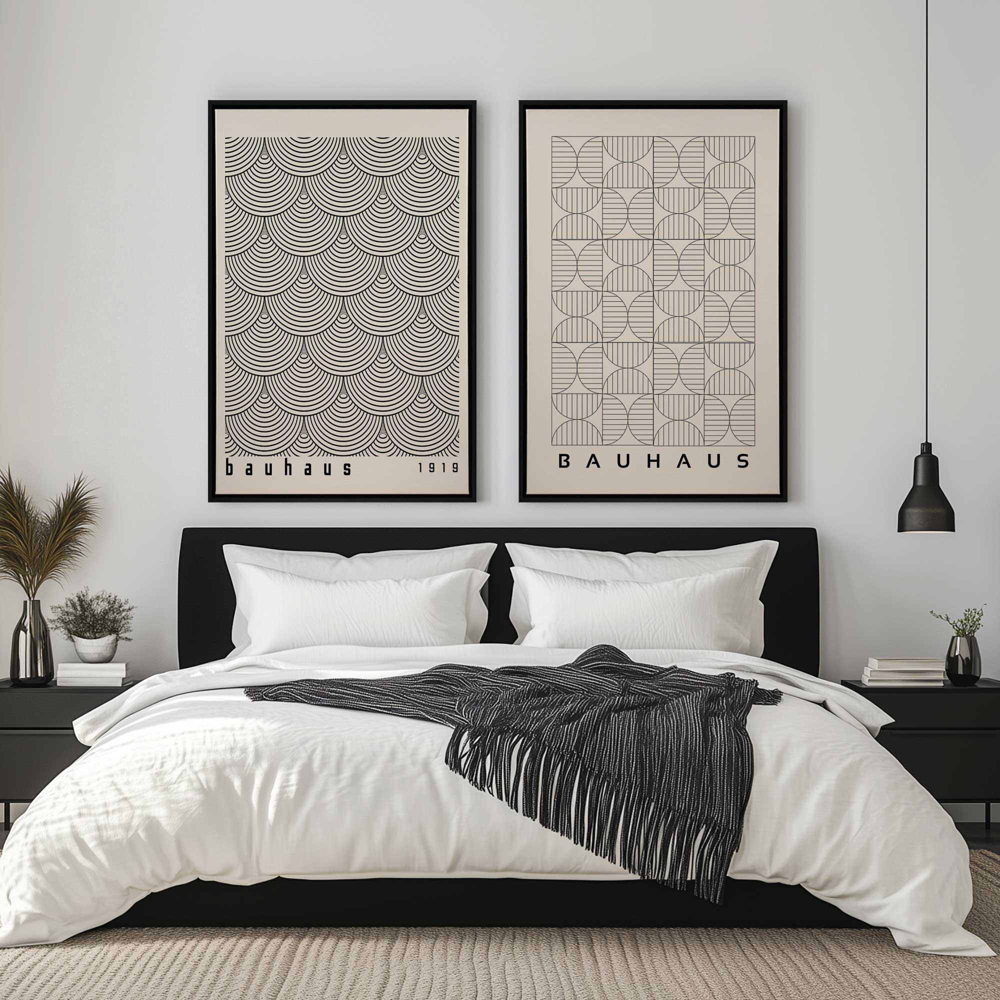 Bauhaus Abstract Precision Art - Set of 2 Framed Canvas Prints for Modern Home & Office Wall Decor