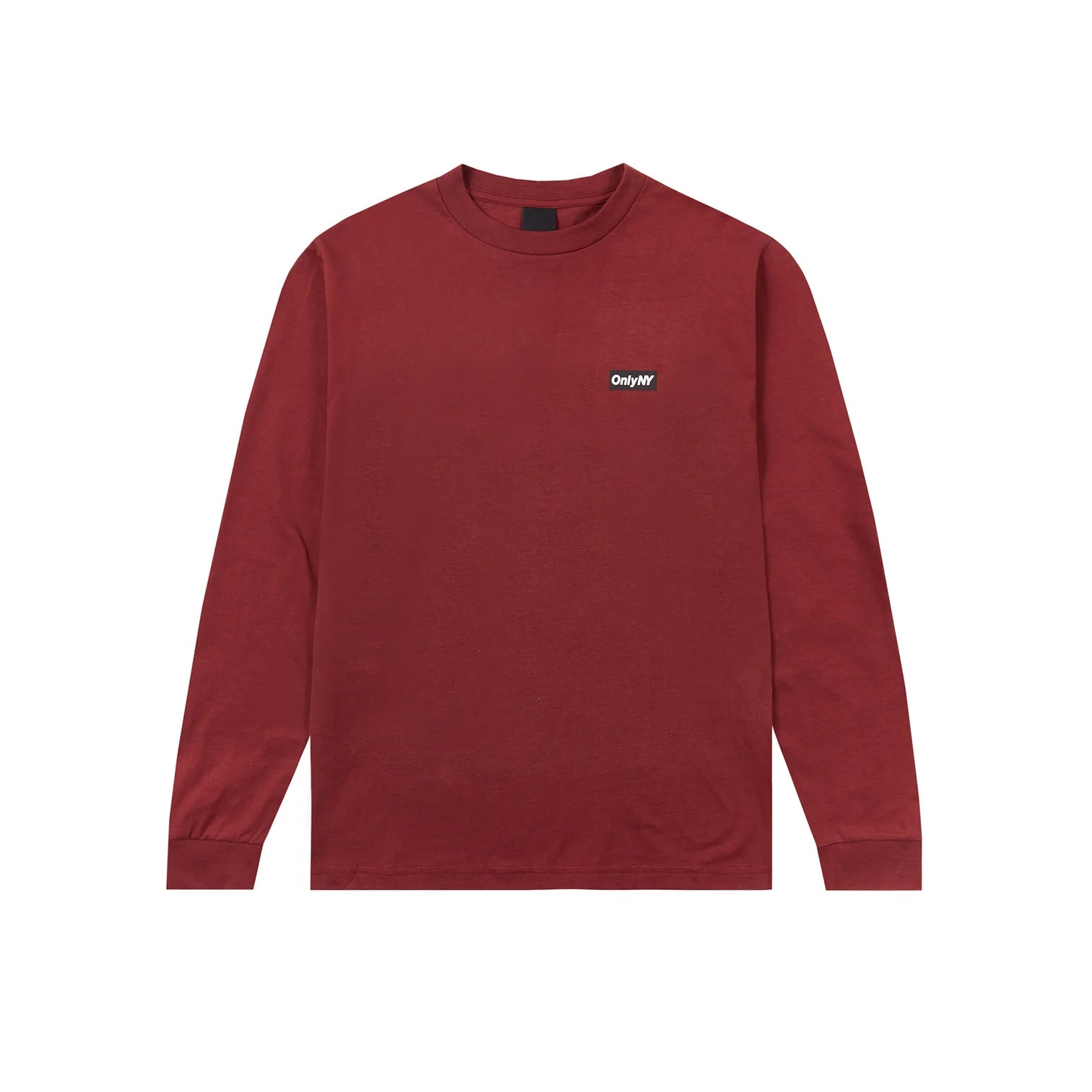 Only NY Block Logo Long Sleeve T-Shirt for Men - Soft Cotton Crewneck Maroon Shirt | Casual Streetwear, Fall Layering & Everyday Comfort