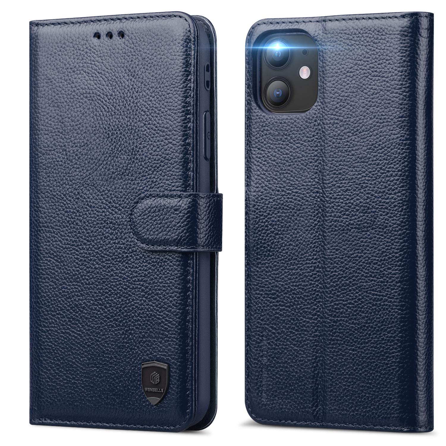 WenBelle Genuine Leather Wallet Case for iPhone 12 Mini 5G (5.4 inch) - RFID Blocking Protection, TPU Shockproof Flip Cover with Viewing Stand (Blue) | Perfect for Business Travel, Daily Commute & Hands-Free Video Watching