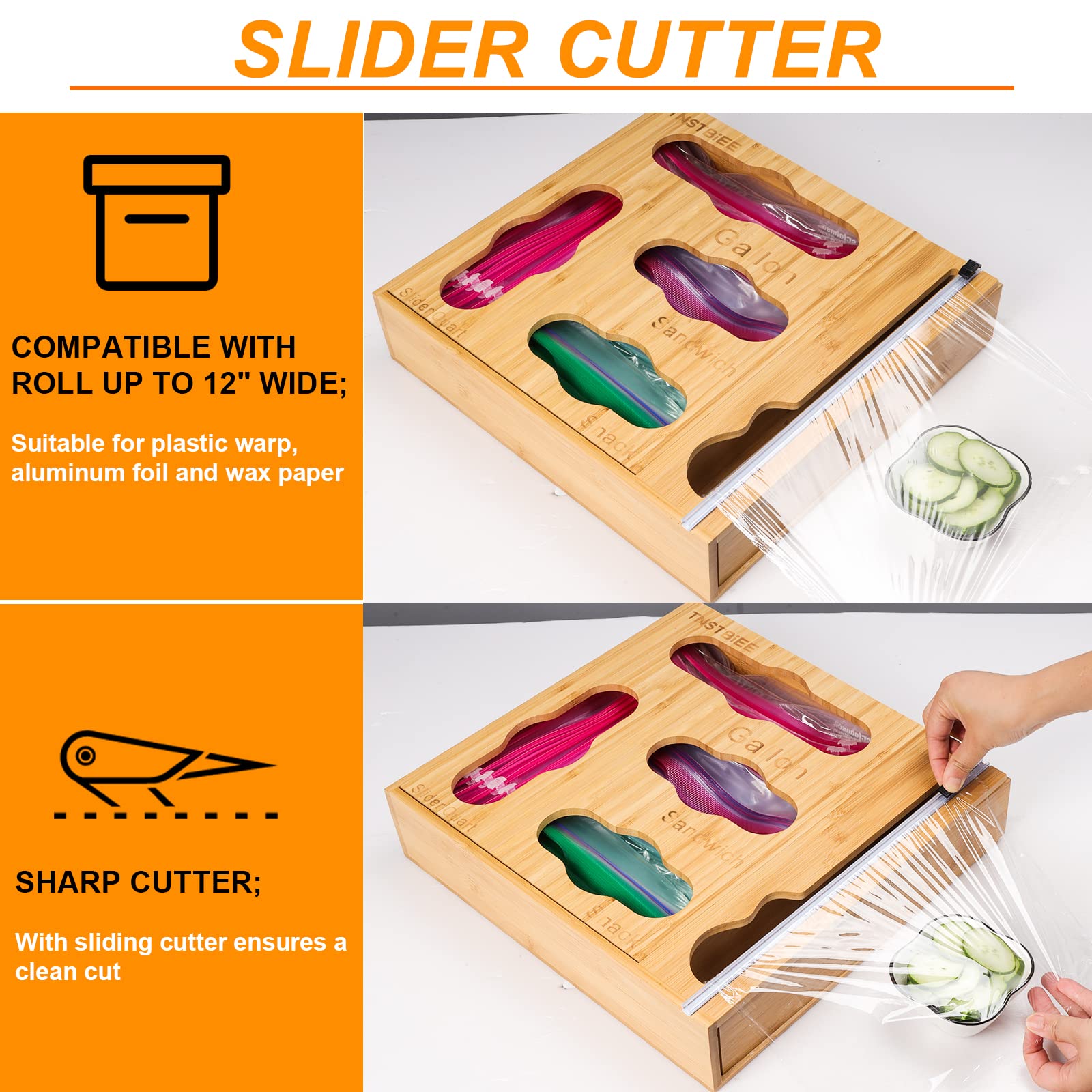 5-in-1 Bamboo Drawer Organizer for Gallon Bags, Quart Bags, Sandwich Bags, Snack Bags & Food Wraps - Kitchen Storage Solution for Plastic Bags & Aluminum Foil - Perfect for Pantry, Cabinet & Drawer Organization