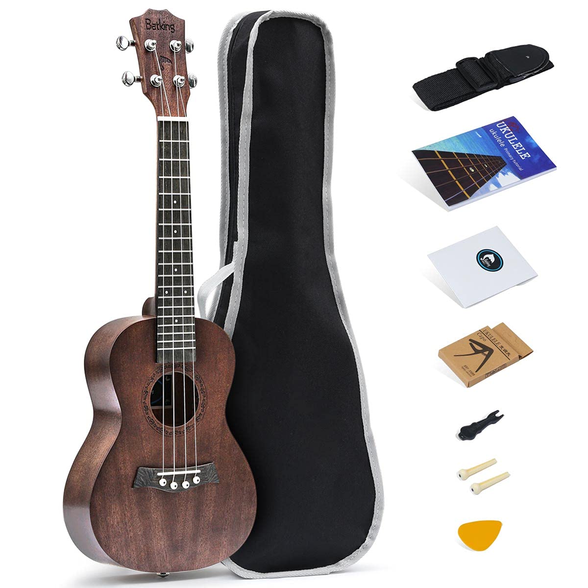 23 Inch Professional Concert Ukulele - Solid Mahogany Top with Premium Nylon Strings | Includes Gig Bag, Adjustable Strap, Capo & Picks | Perfect for Beginners, Travel & Live Performances