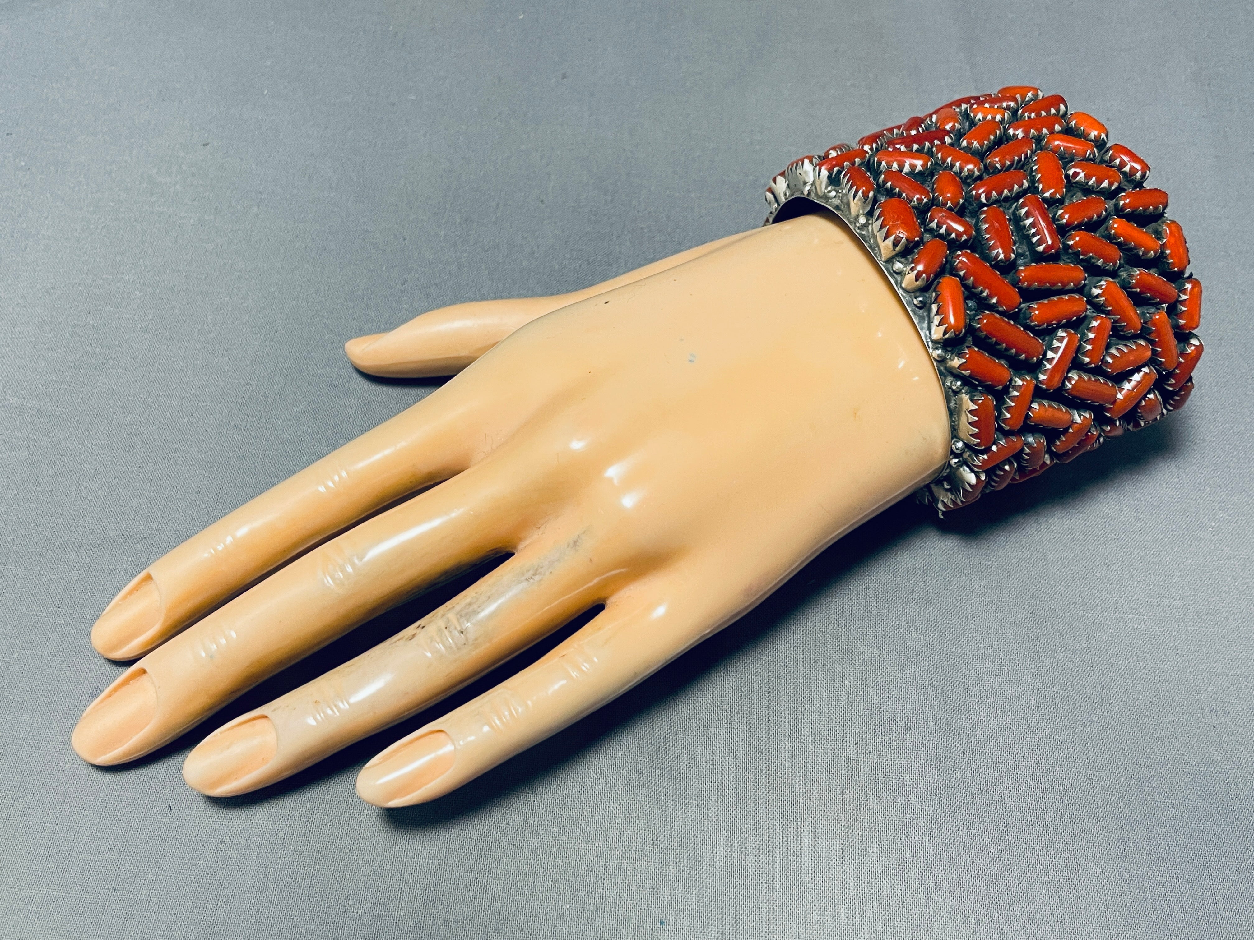 154 Gram Chunky Coral Native American Navajo Sterling Silver Wide Bracelet Cuff - Handmade Southwest Jewelry for Women, Boho Fashion Accessory, Perfect for Festivals & Special Occasions