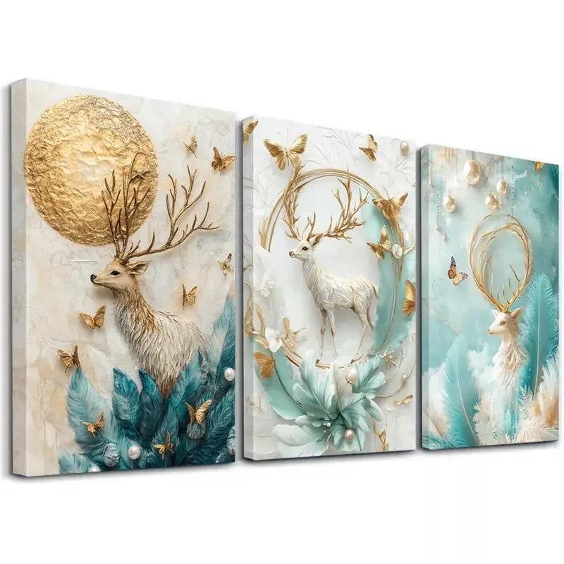 3pcs Elegant Anime Deer and Golden Moon Feather Wall Art Set - Framed Canvas Prints 50x70cm - High Quality Australian Made Home Decor - Perfect for Living Room, Bedroom & Office Decorations