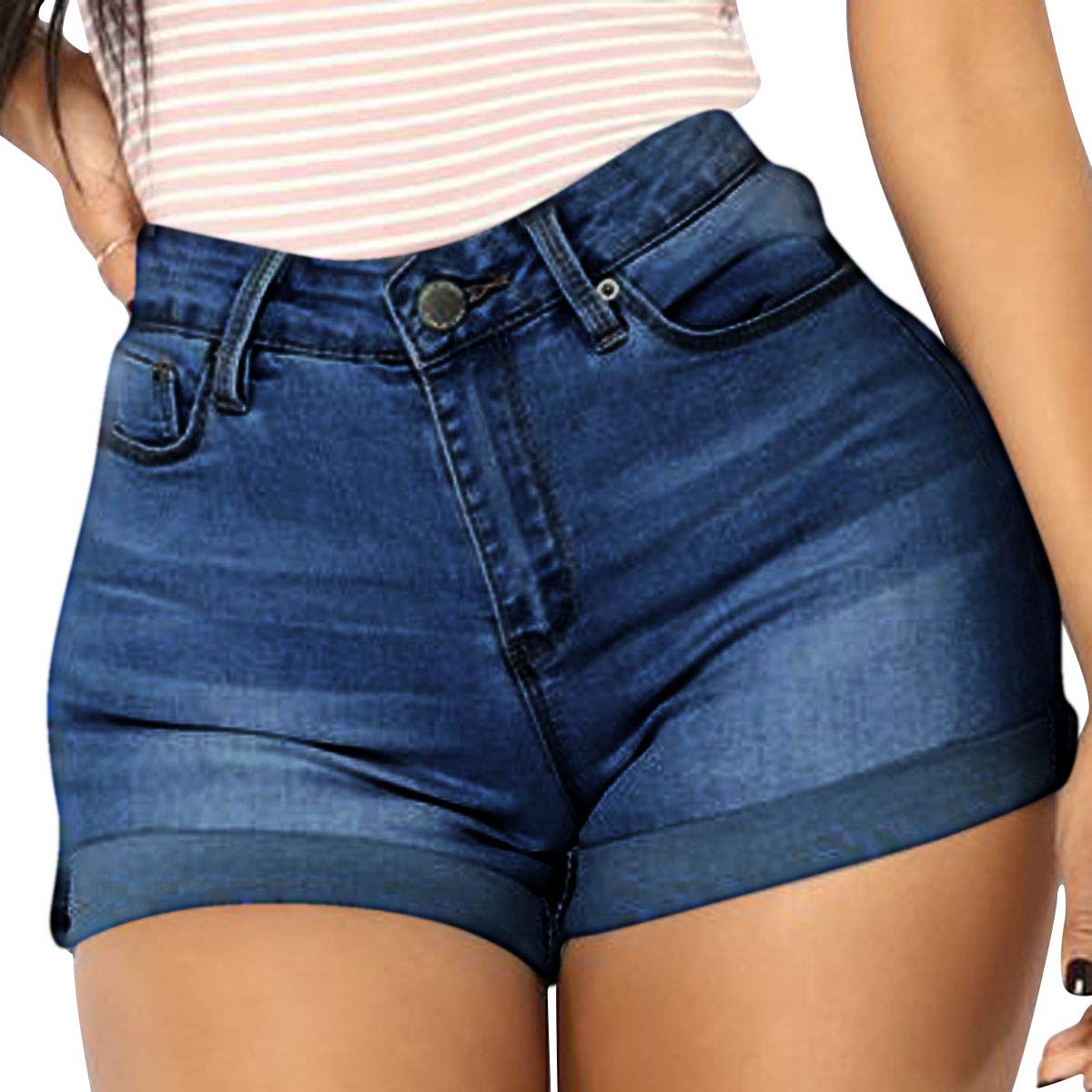 Vanberfia Women's Stretchy Denim Mid Rise Jean Shorts with Pockets - Comfortable & Stylish Casual Shorts for Summer, Beach, Travel & Everyday Wear