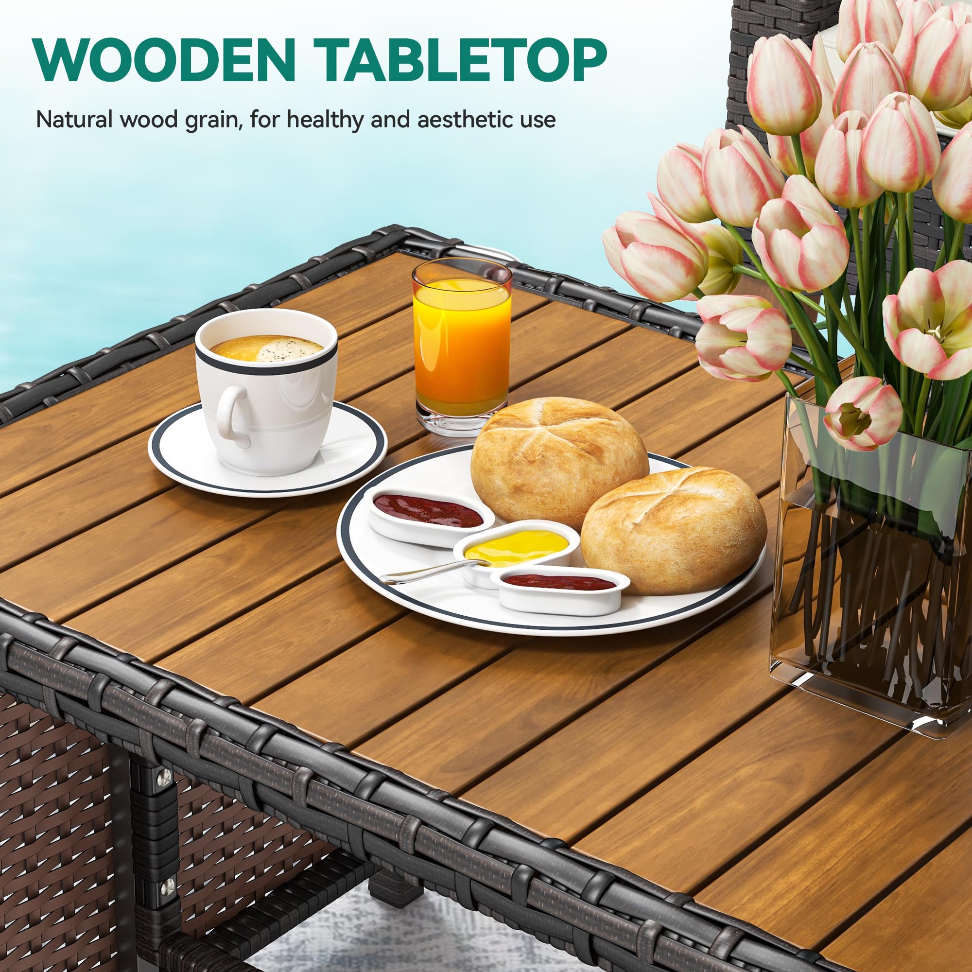 YITAHOME 4-Piece All-Weather Outdoor Patio Furniture Set - Wooden Armrest Rattan Wicker Conversation Set with Side Table, Cushions & Wooden Feet (Brown/Beige) - Perfect for Garden, Backyard, Poolside & Patio Relaxation