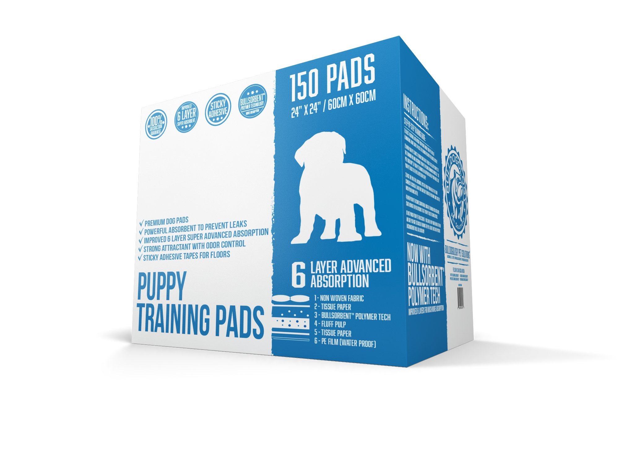 Bulldogology Premium Puppy Pee Pads with Adhesive Tape - 24x24 Inch Large Dog Training Pads | 6-Layer Quick-Dry Absorbent Technology (300 Count, 32oz, White) - Perfect for Housebreaking Puppies & Senior Dogs, Great for Crate Training and Indoor Pet Use