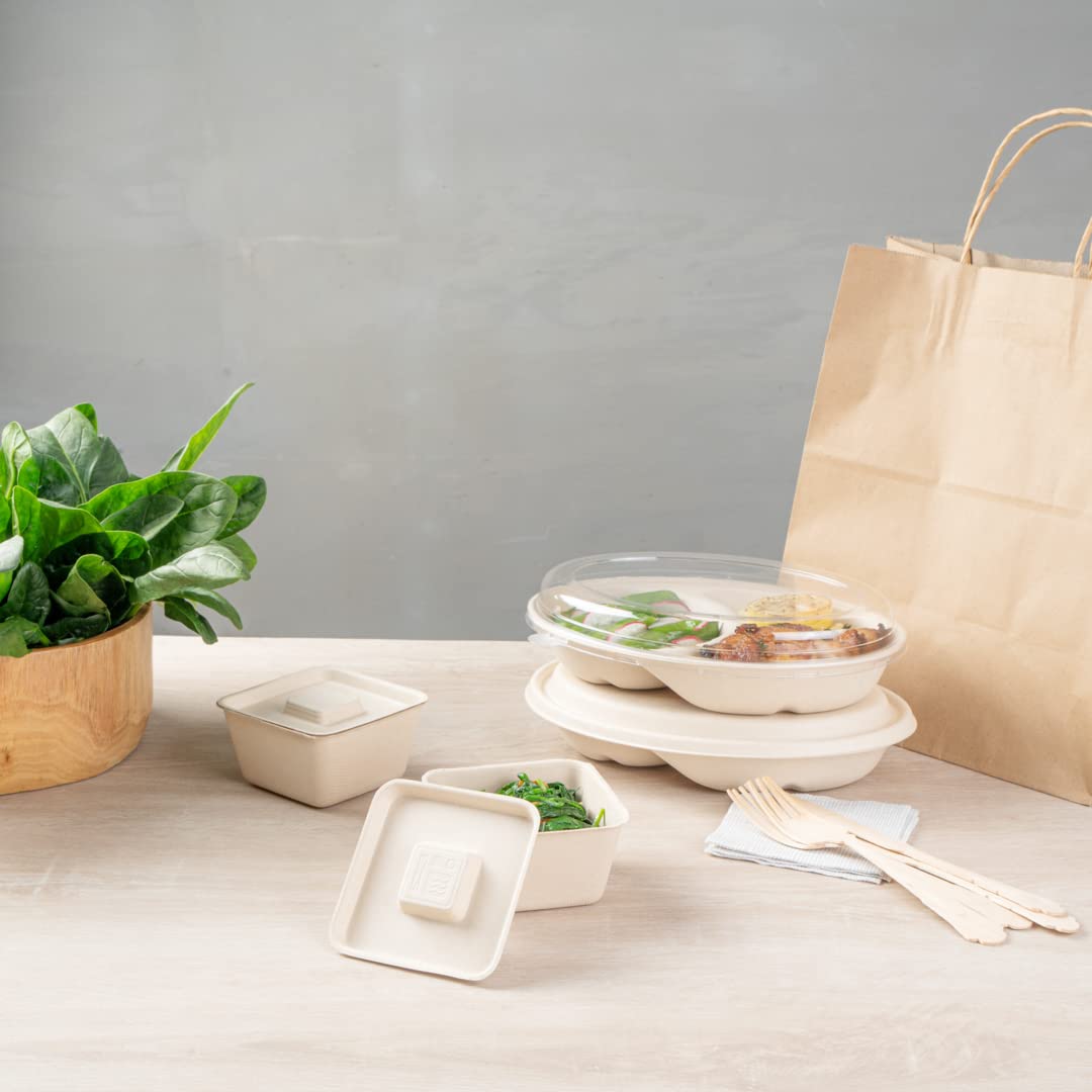 Eco-Friendly 9-OZ Bagasse Bowl Lids - 100 Count Square Disposable Pulp Tek Lids for Sugarcane Fiber Bowls | Biodegradable & Compostable | Perfect for Restaurants, Catering & Takeout Meals