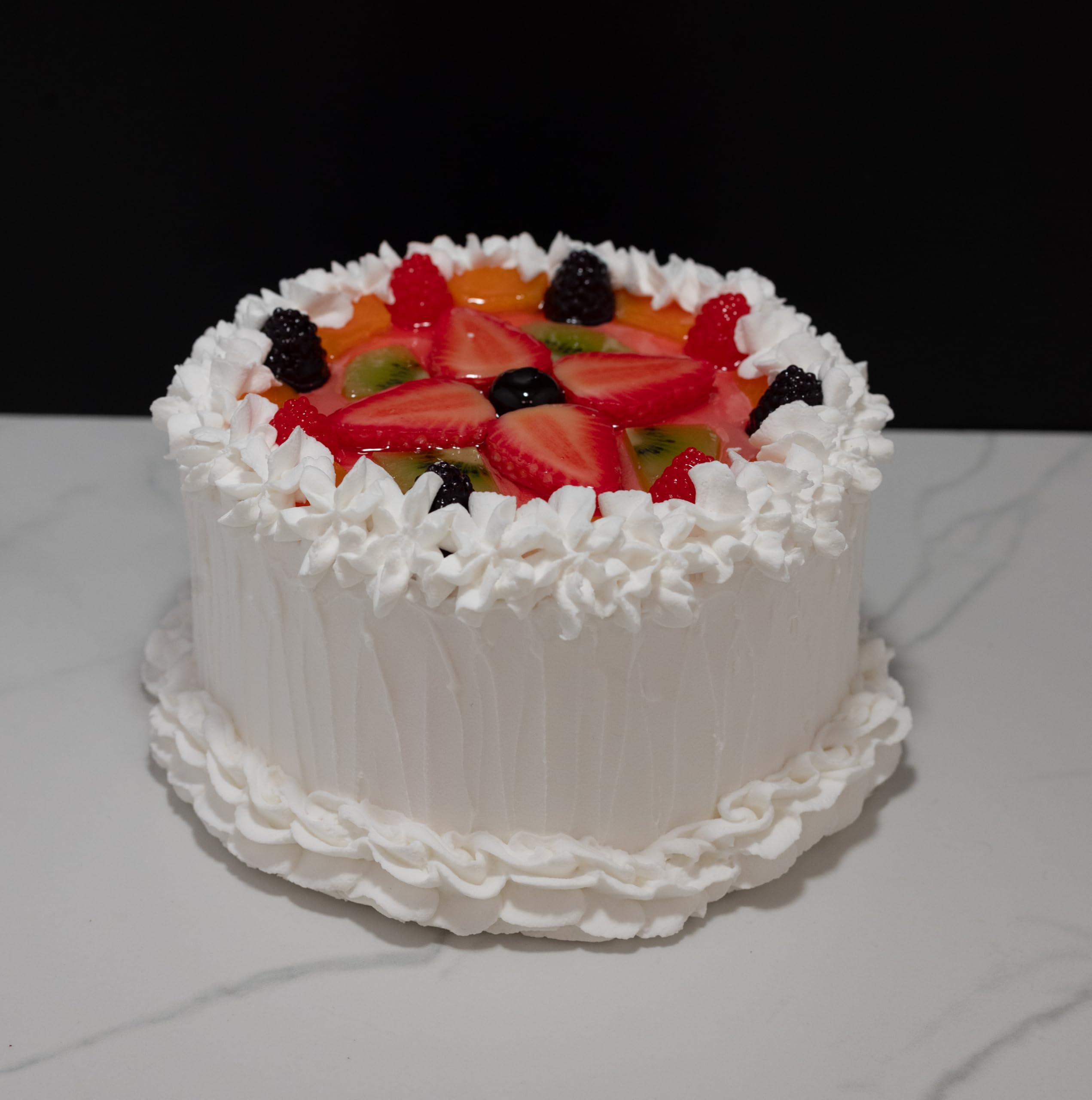 Realistic Fake Small Vanilla Cake Decorated with Fresh Fruits - Perfect for Party Decorations, Photography Props & Dessert Displays