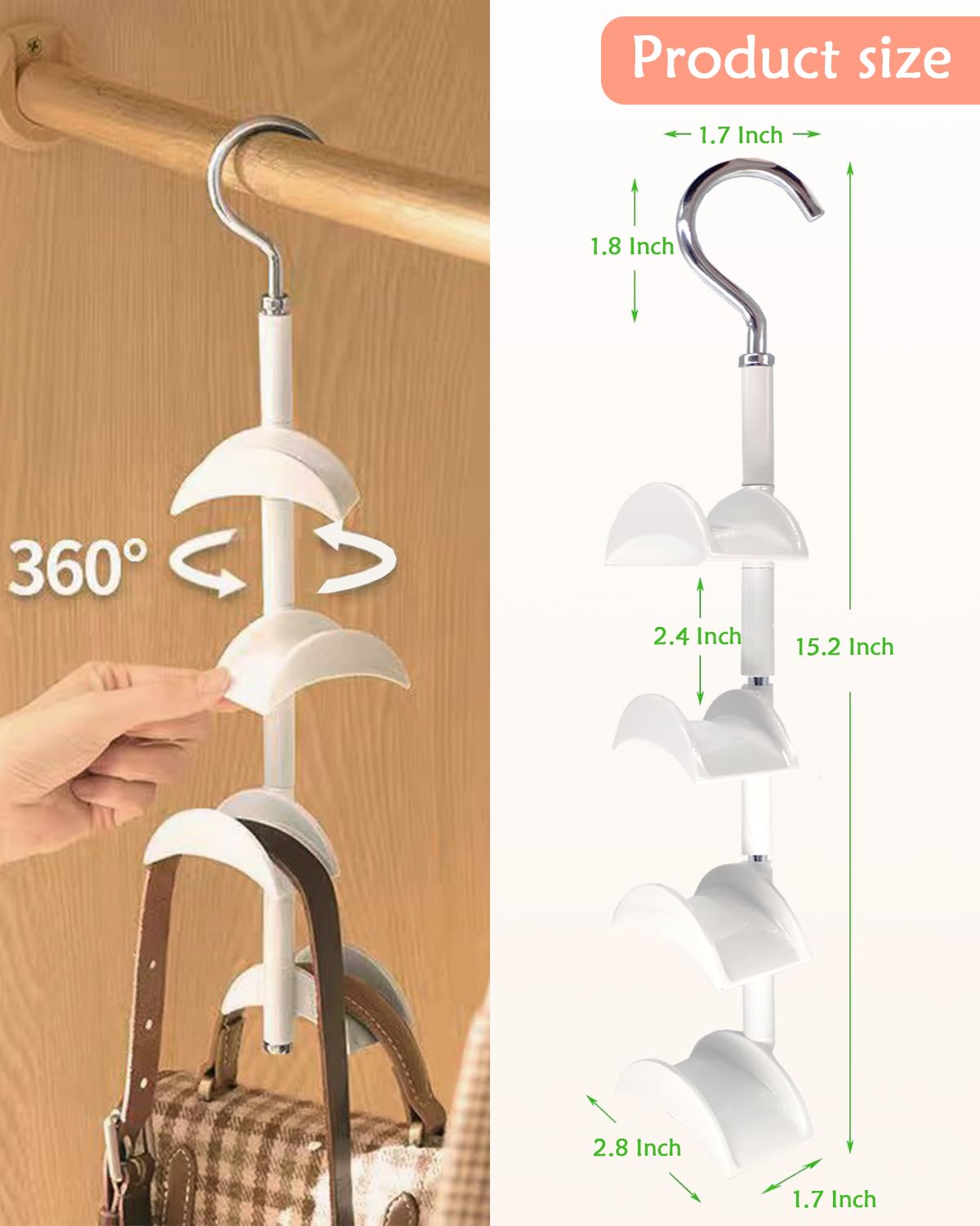 Rotating Purse Hanger for Closet Organizer - White Purse Holder Hook for Handbags, Totes, Scarves & Belts | Space-Saving Closet Storage Solution for Purses & Accessories